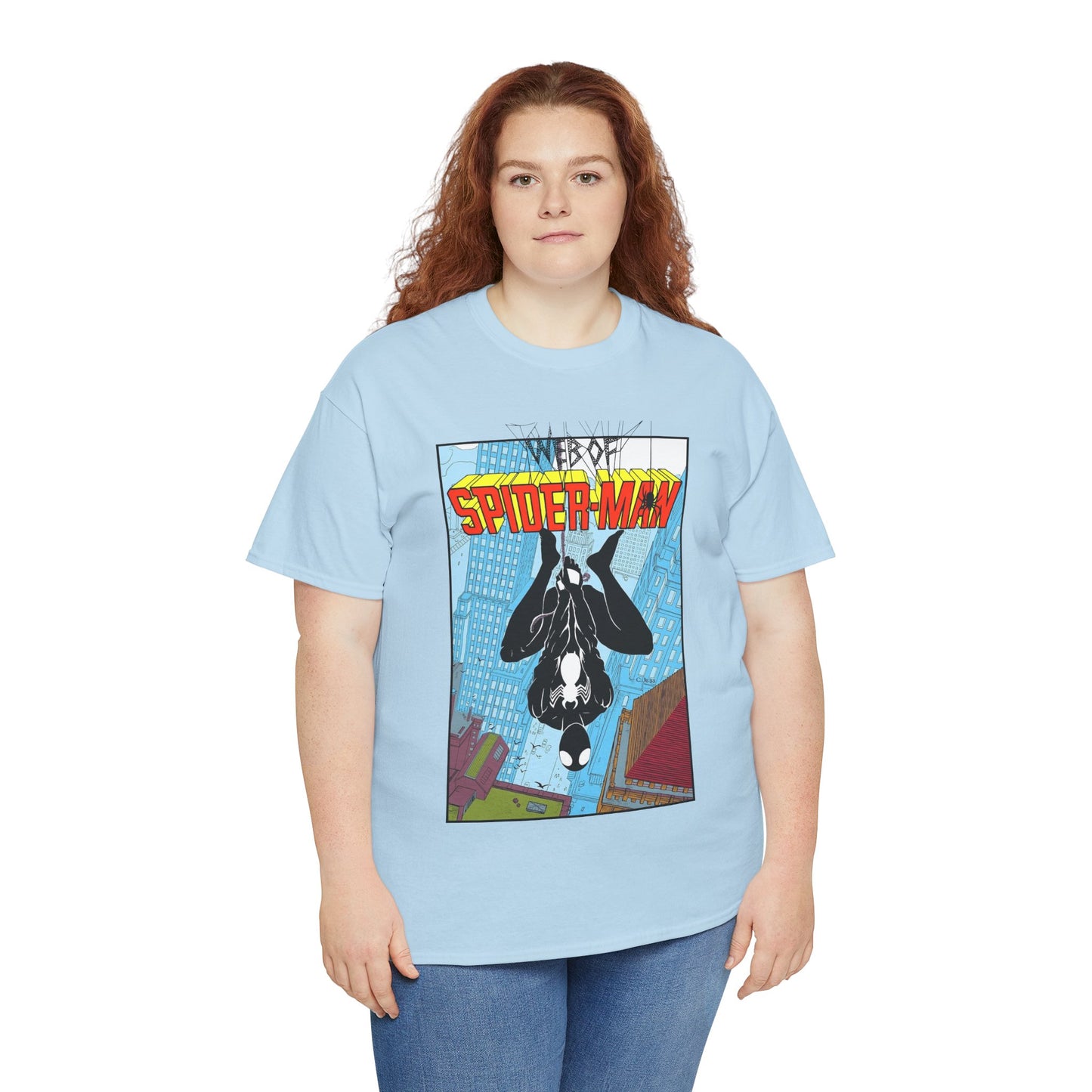 Web of Spider-Man T-Shirt - Charles Vess Art - Peter Parker, Web Slinger - Manhattan Skyline - Spidey Black Suit - Marvel Comics