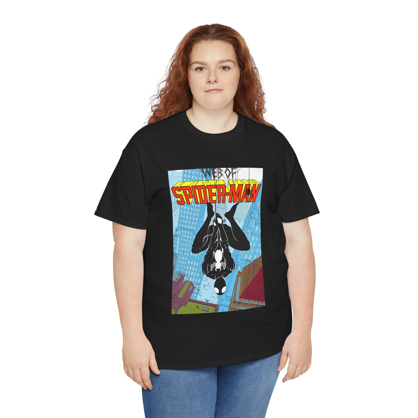 Web of Spider-Man T-Shirt - Charles Vess Art - Peter Parker, Web Slinger - Manhattan Skyline - Spidey Black Suit - Marvel Comics