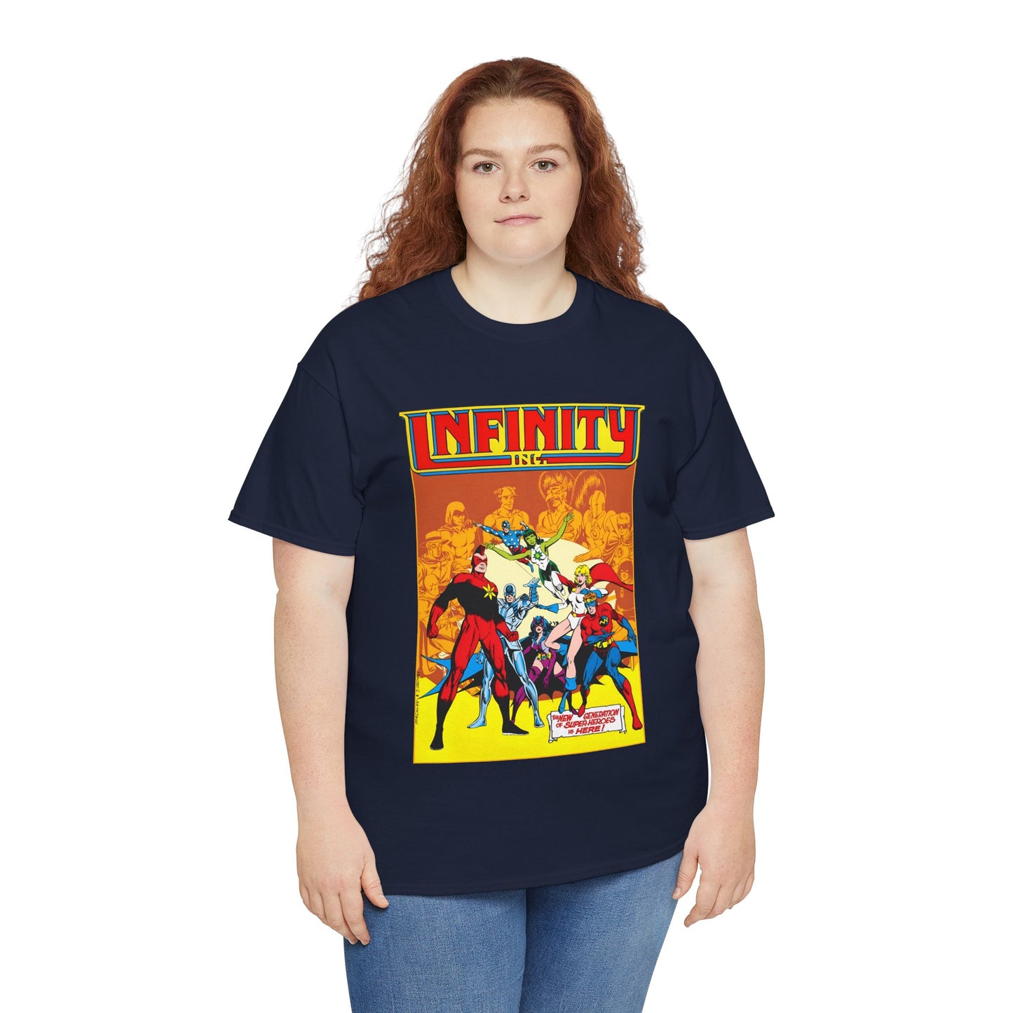 Infinity, Inc T-Shirt - Jerry Ordway Art - Silver Scarab, Huntress, Power Girl, Star-Spangled Kid, Fury, Jade - DC Comics - 1980s JSA Spin-Off Series