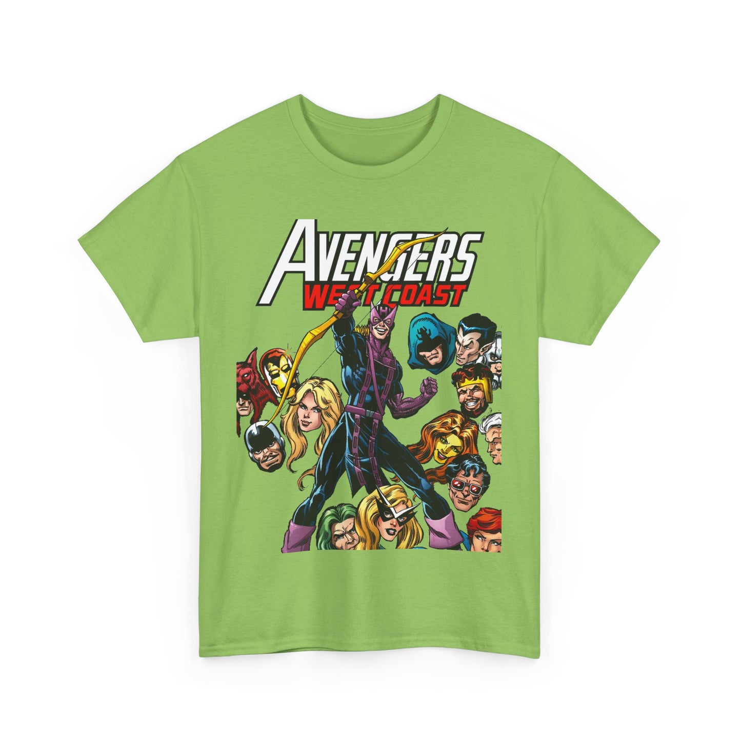 Avengers West Coast T-Shirt - Bob Hall Art - Hawkeye, Iron Man, Wonder Man, Tigra, Mockingbird - Marvel Comics Team