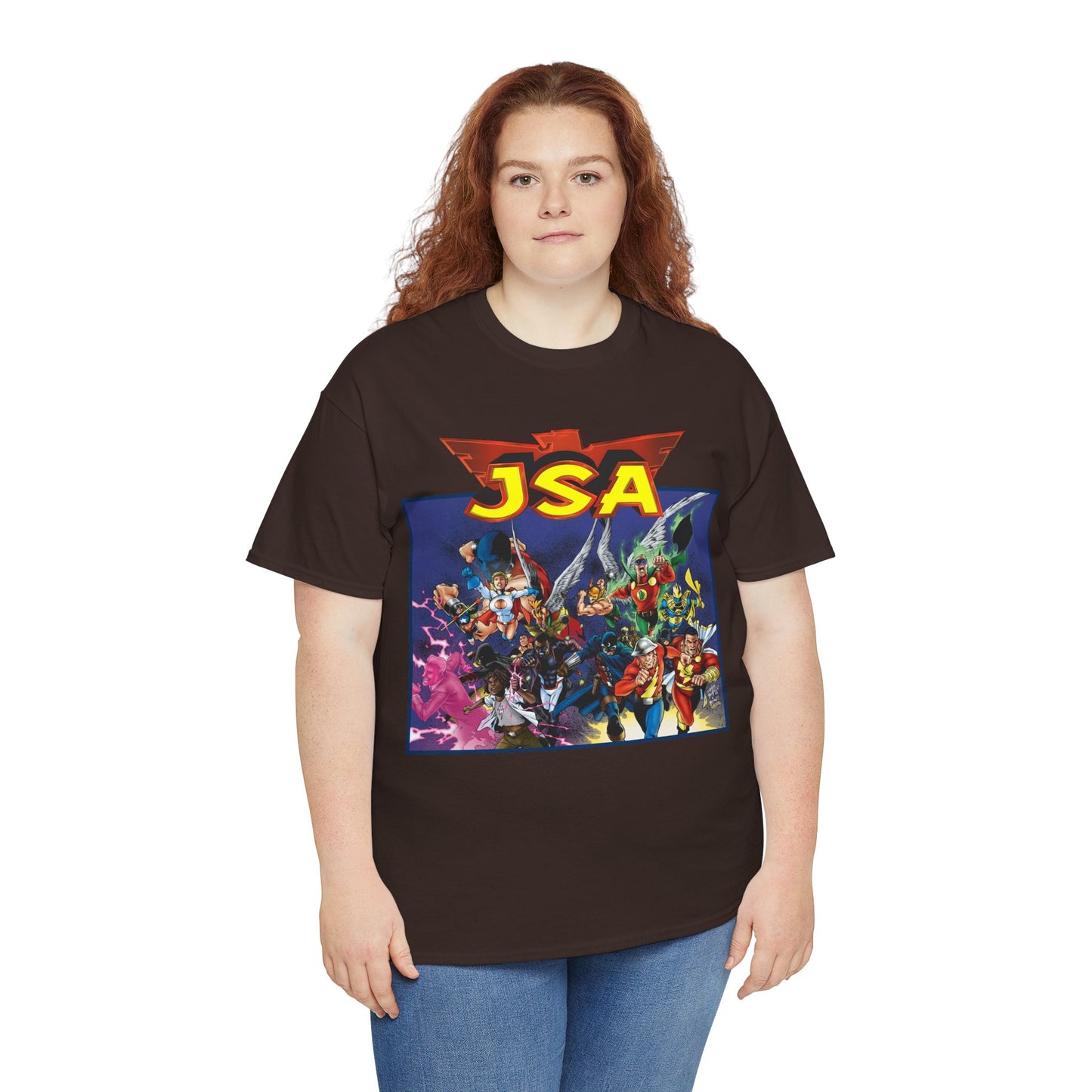 JSA T-Shirt - Carlos Pacheco Art - Green Lantern, Power Girl, Hawkgirl, Black Adam, Flash, Dr Fate, Hawkman - DC Comics - Justice Society of America