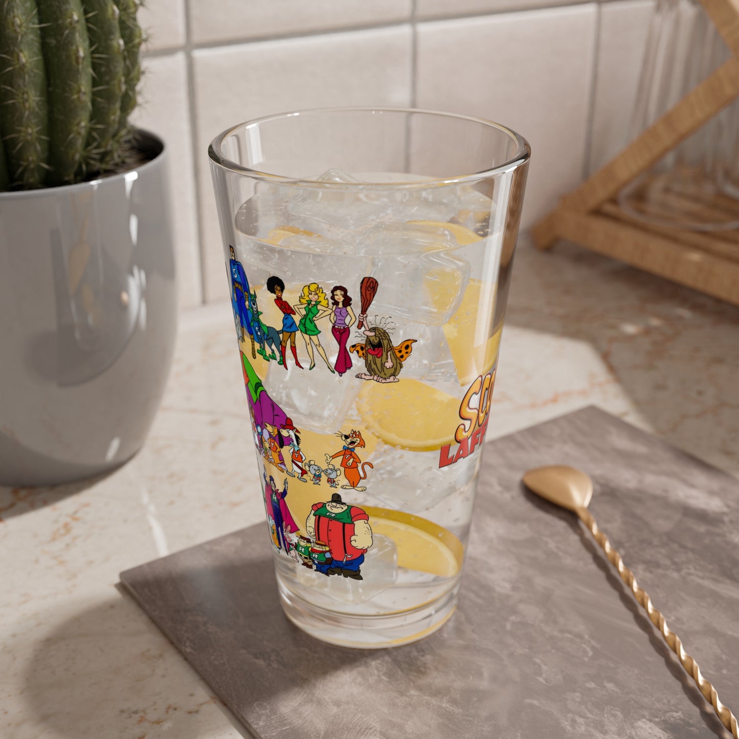 Scooby's All-Star Laff-A-Lympics Pint Glass, 16oz - 1970s Hanna-Barbera Cartoon - Speed Buggy, Yogi Bear, Grape Ape, Wally Gator, Huckleberry Hound, Captain Caveman