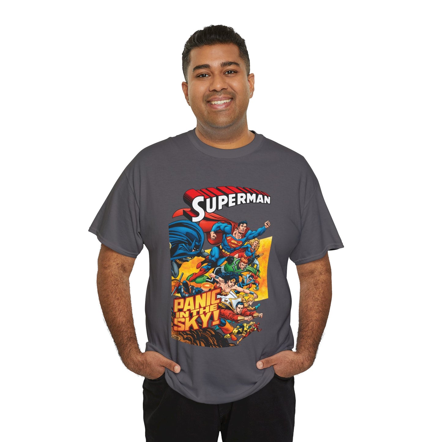 Superman - Panic in the Sky T-Shirt - Dan Jurgens Art - Vs Brainiac & Maxima - Wonder Woman, Booster Gold, Shazam, Batman, Flash, Aquaman, Supergirl - DC Comics