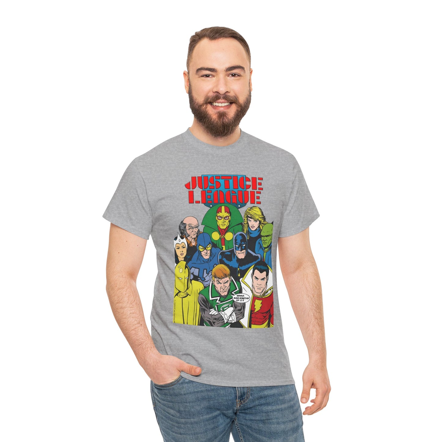 Justice League International T-Shirt - Kevin Maguire Art - JLI - DC Comics - Blue Beetle, Dr Fate, Batman, Mr Miracle, Martian Manhunter - Guy Gardner