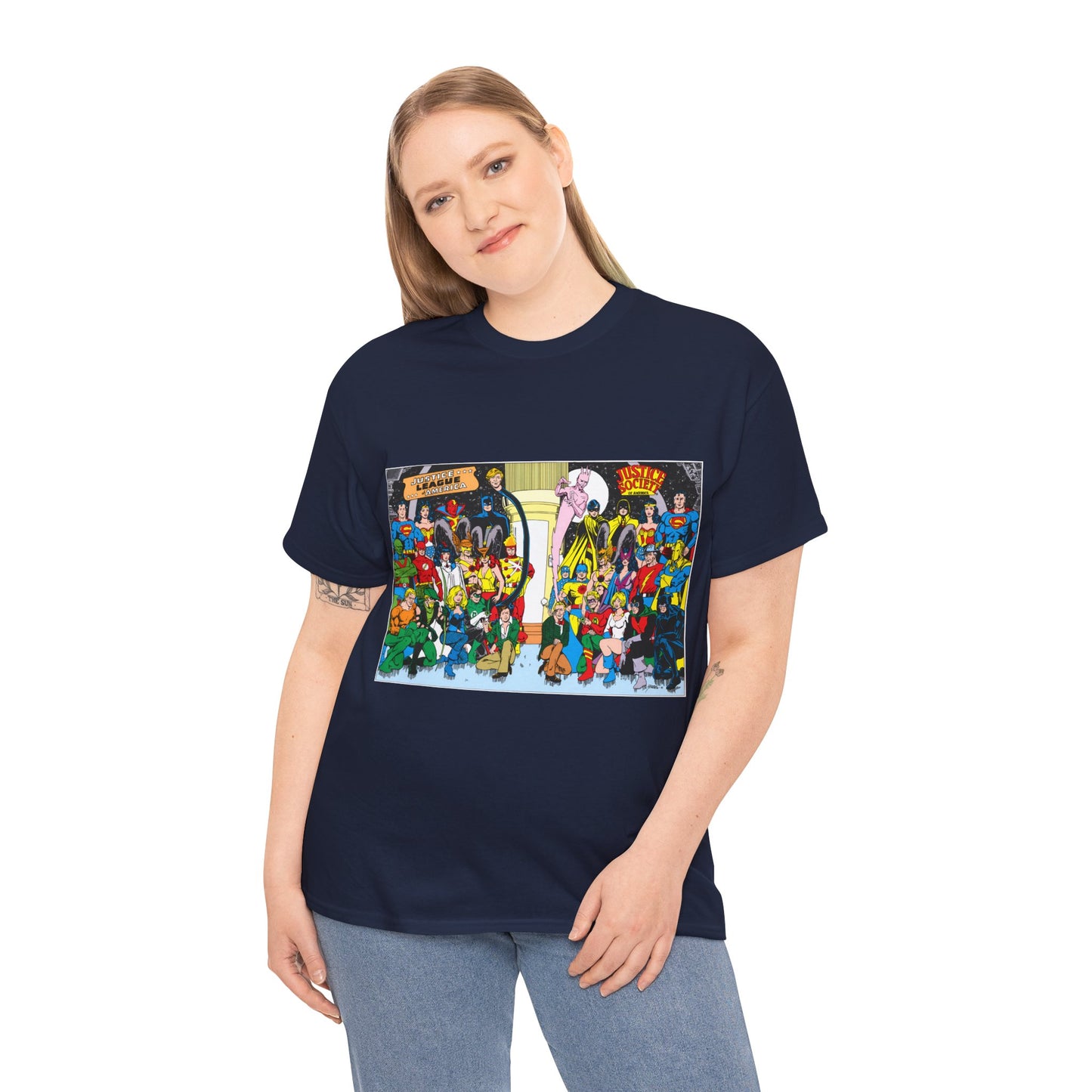 JLA & JSA T-Shirt - George Perez Art - Justice League, Society Team-up - Batman, Wildcat, Dr Fate, Hourman, Firestorm, Superman