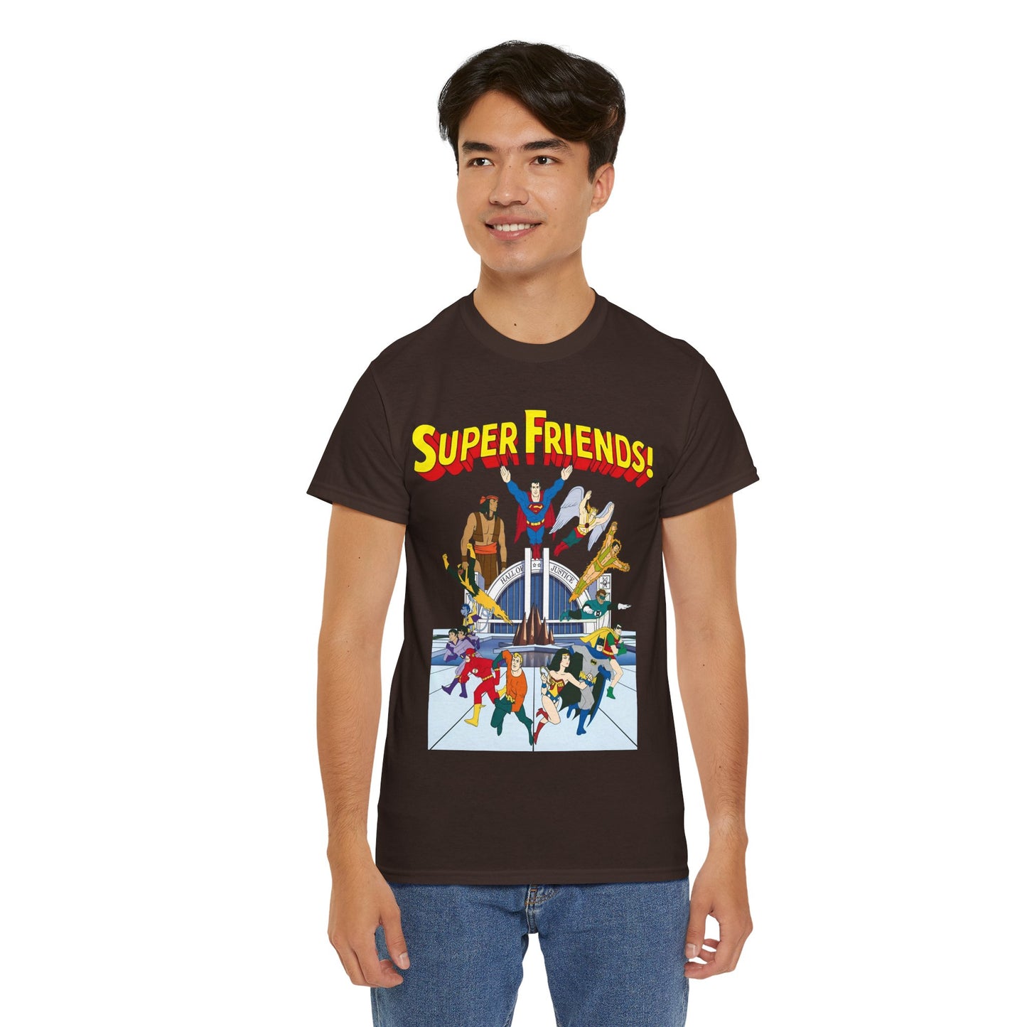 Super Friends T-Shirt - DC Hanna-Barbera - Superman, Wonder Woman, Black Vulcan, Batman, The Wonder Twins, Apache Chief, Hall of Justice