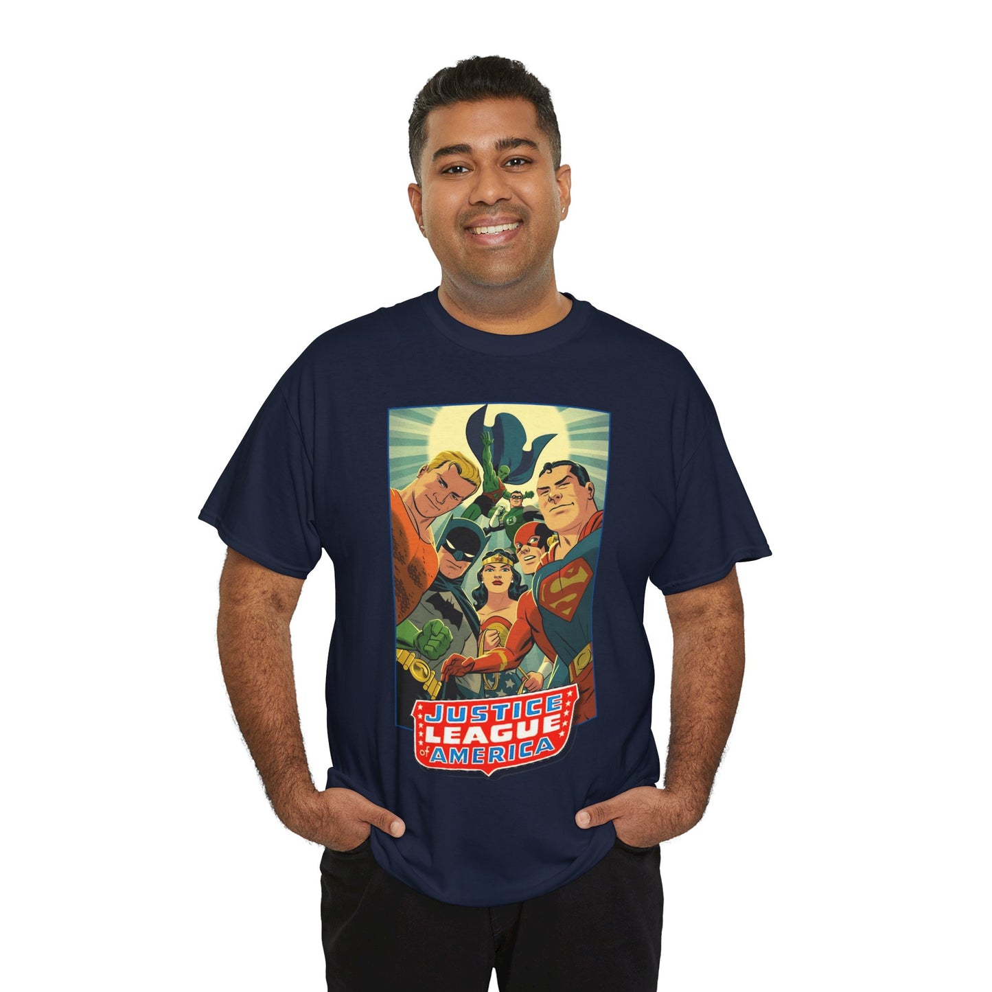 Justice League of America T-Shirt - Michael Cho Art - Superman, Flash, Wonder Woman, Green Lantern, Batman, Martian Manhunter - Silver Age Team - DC Comics