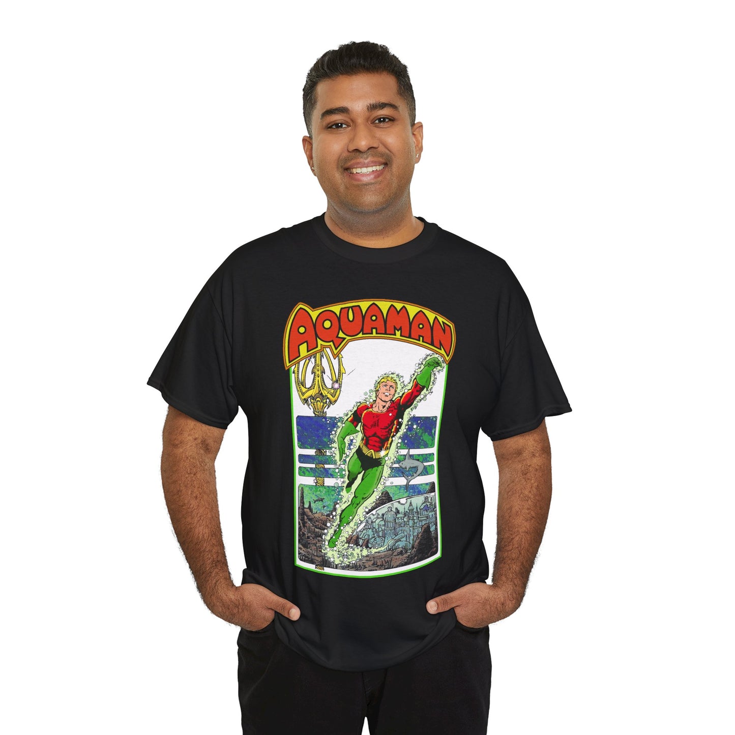 Aquaman T-Shirt - George Perez Art -Justice League 1980s Postcard Series - Arthur Curry - King of Atlantis - JLA - DC Comics