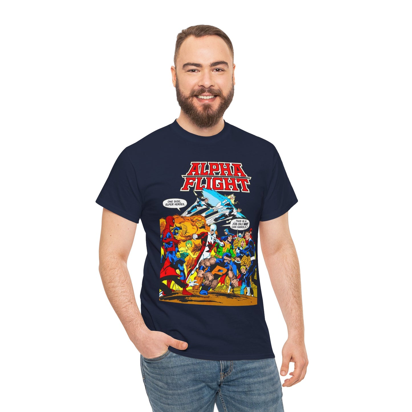 Alpha Flight T-Shirt - John Byrne Art - Sasquatch, Aurora, Northstar, Guardian, Puck, Shaman, Snowbird - Canada's Super Team - Marvel Comics