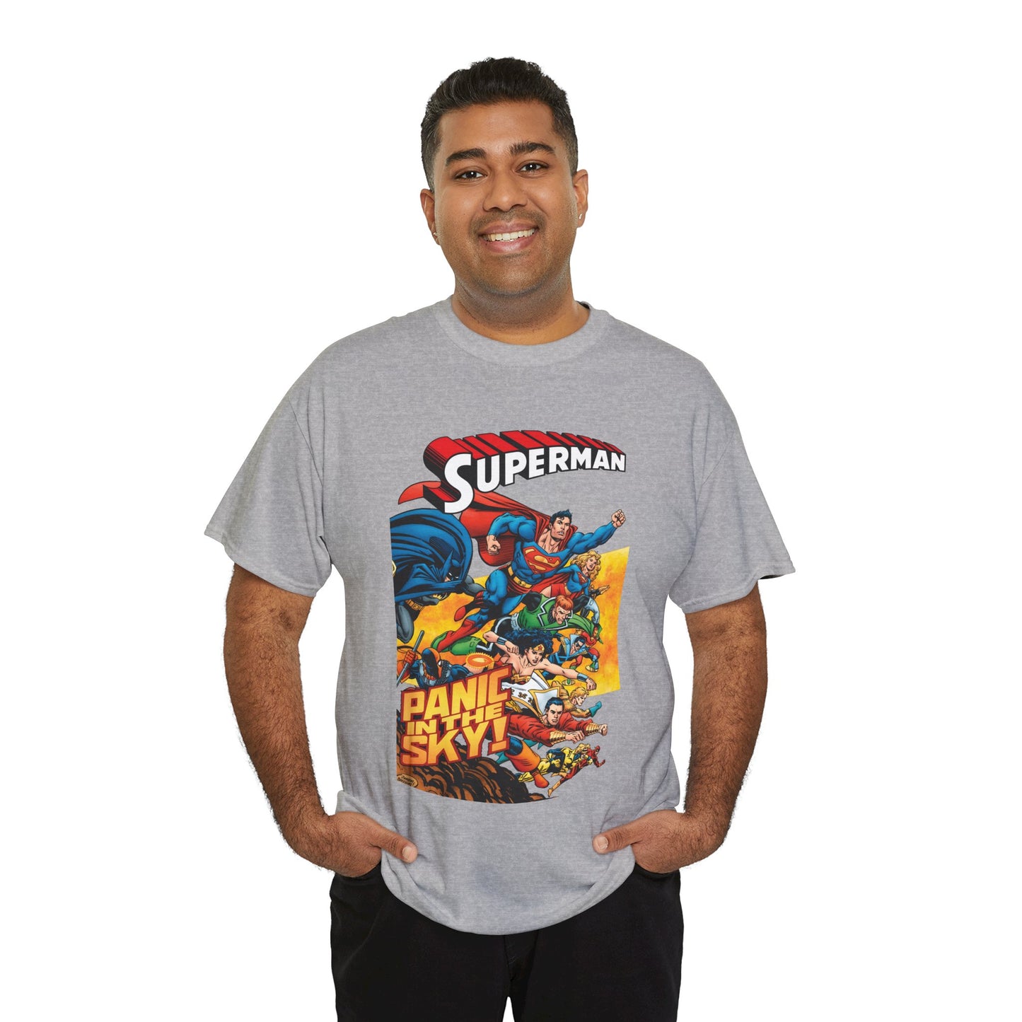 Superman - Panic in the Sky T-Shirt - Dan Jurgens Art - Vs Brainiac & Maxima - Wonder Woman, Booster Gold, Shazam, Batman, Flash, Aquaman, Supergirl - DC Comics