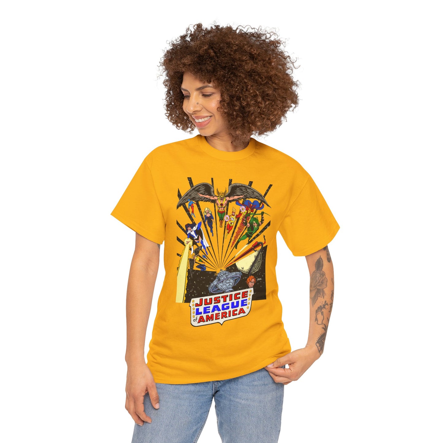 Justice League of America T-Shirt - George Perez Art - Bronze Age Satellite Era - DC Comics - Hawkman, Zatanna, Atom, Firestorm, Elongated Man, Green Arrow