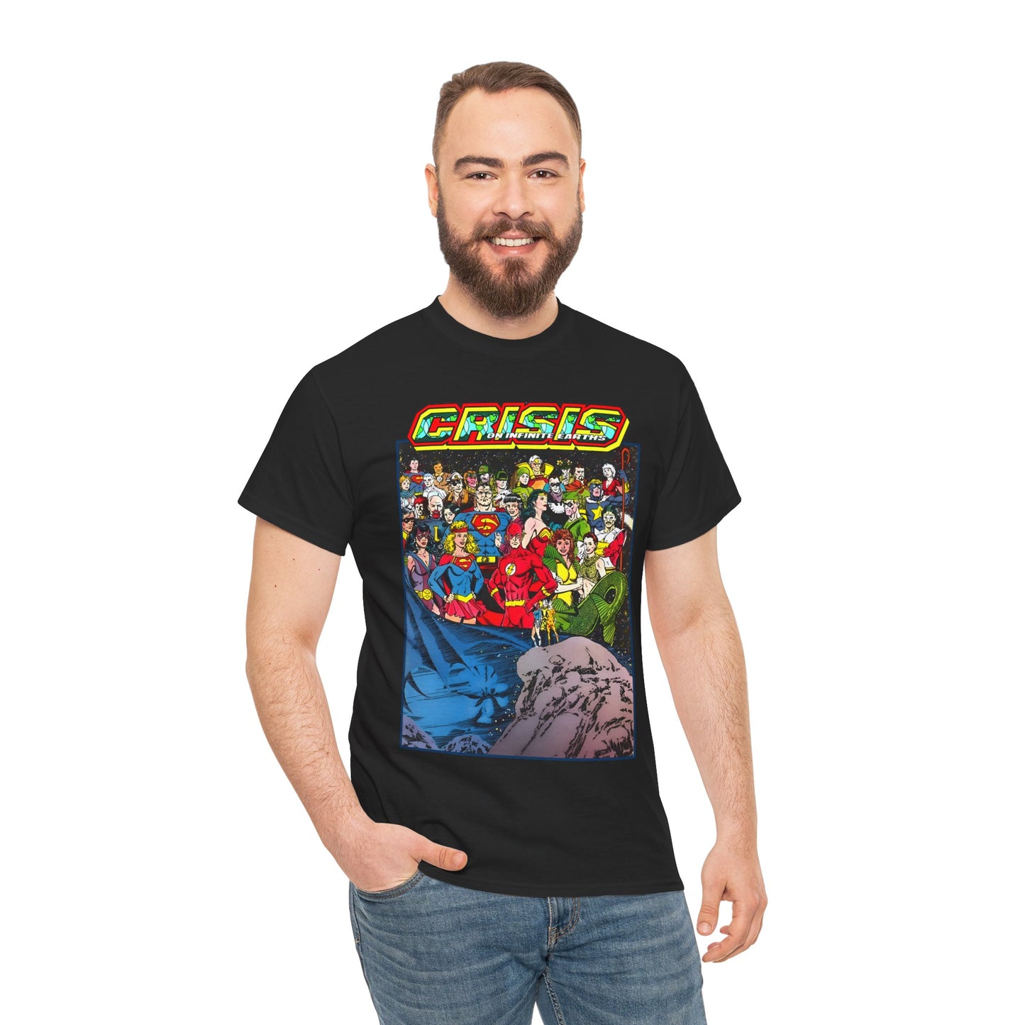 Crisis on Infinite Earths T-Shirt - George Perez Art - Supergirl, Flash, Huntress, Starman, Earth 3 Luthor, Lori Lemaris, Aquagirl, Earth 2 Robin - DC Comics