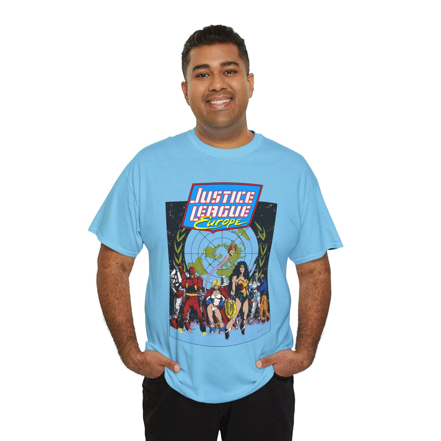 Justice League Europe T-Shirt - Bart Sears Art - Wonder Woman, Flash, Captain Atom, Animal Man, Elongated Man, Power Girl, Metamorpho - JLI Spin-Off - DC Comics