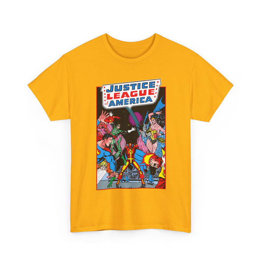 Justice League of America T-Shirt - George Perez Art - 1980s Satellite Era - Superman, Wonder Woman, Firestorm, Green Lantern, Batman - DC Comics