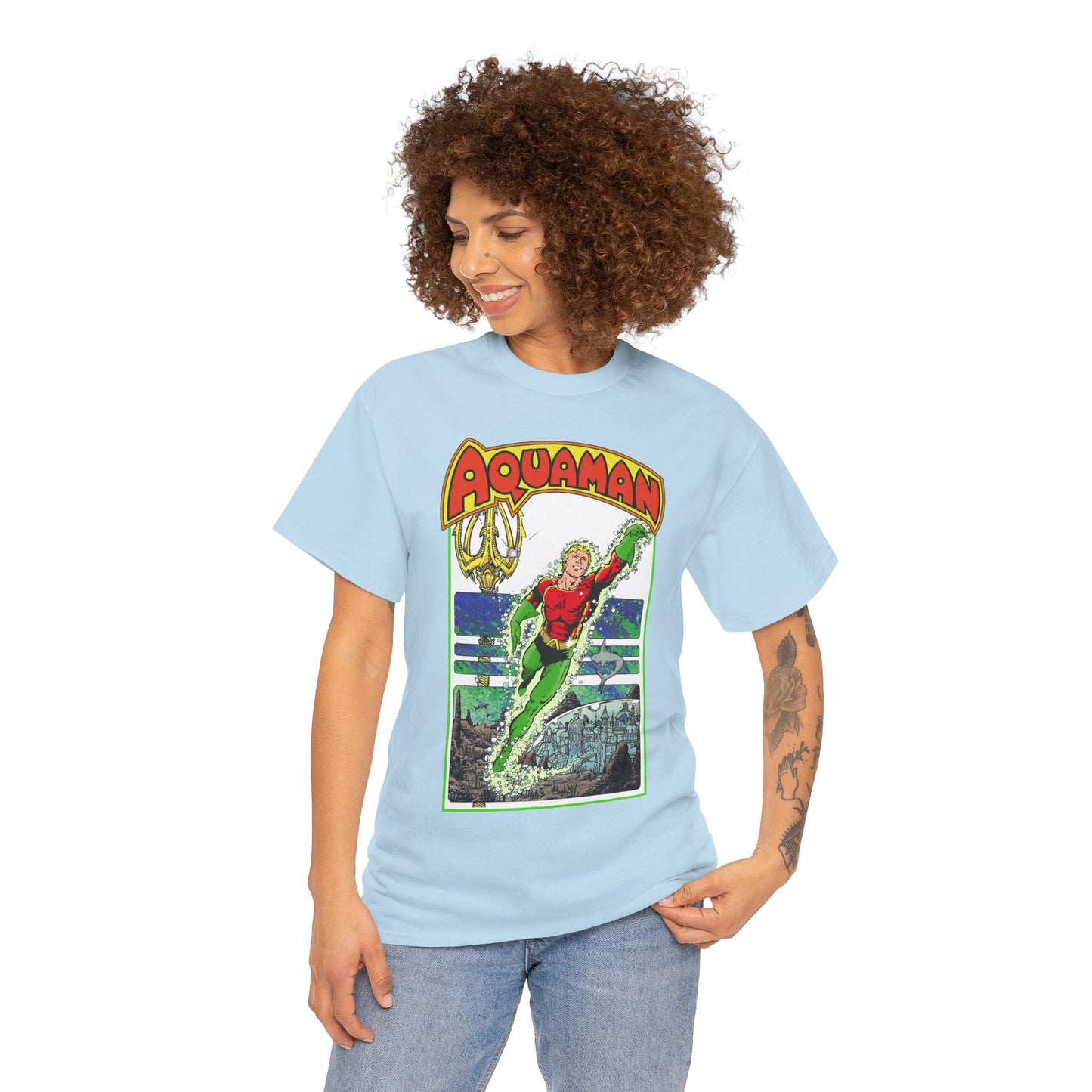 Aquaman T-Shirt - George Perez Art -Justice League 1980s Postcard Series - Arthur Curry - King of Atlantis - JLA - DC Comics
