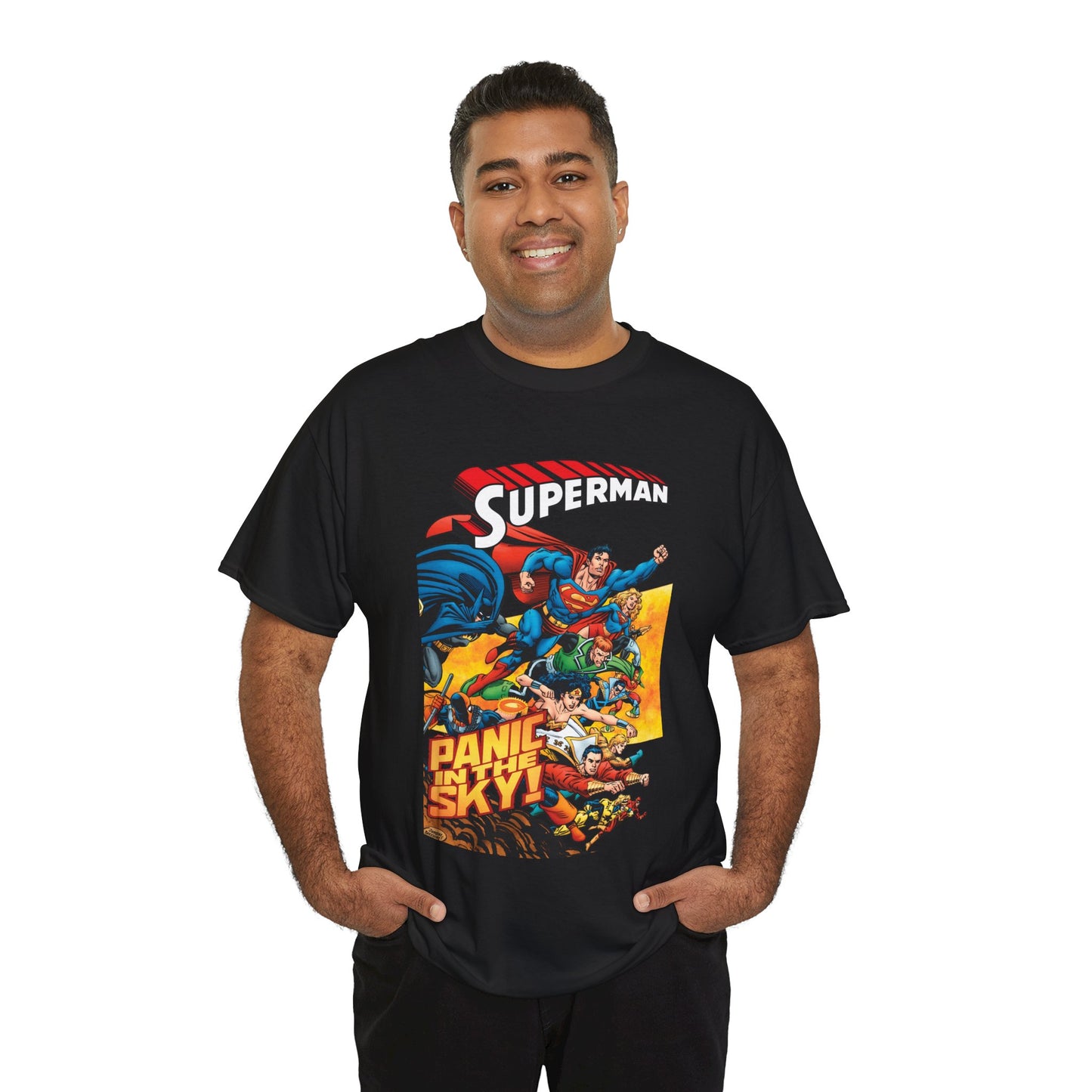 Superman - Panic in the Sky T-Shirt - Dan Jurgens Art - Vs Brainiac & Maxima - Wonder Woman, Booster Gold, Shazam, Batman, Flash, Aquaman, Supergirl - DC Comics