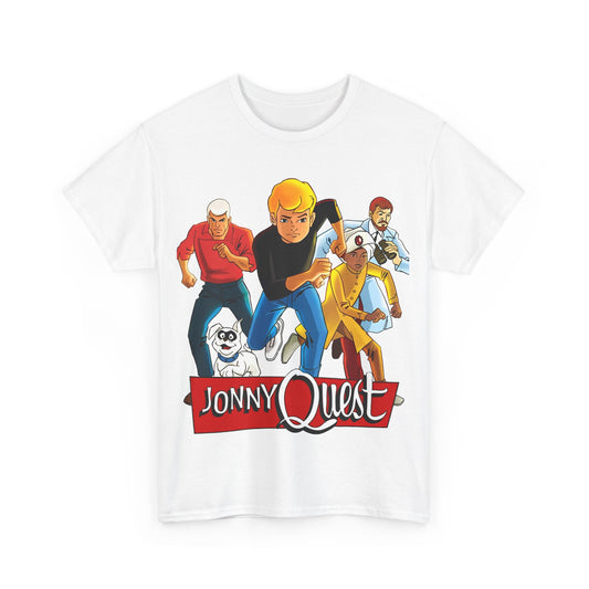 Jonny Quest T-Shirt - Popular Hanna-Barbera Cartoon Characters from the 1960s Adventure TV Show - Dr Benton, Hadji, Race Bannon, Bandit the Dog