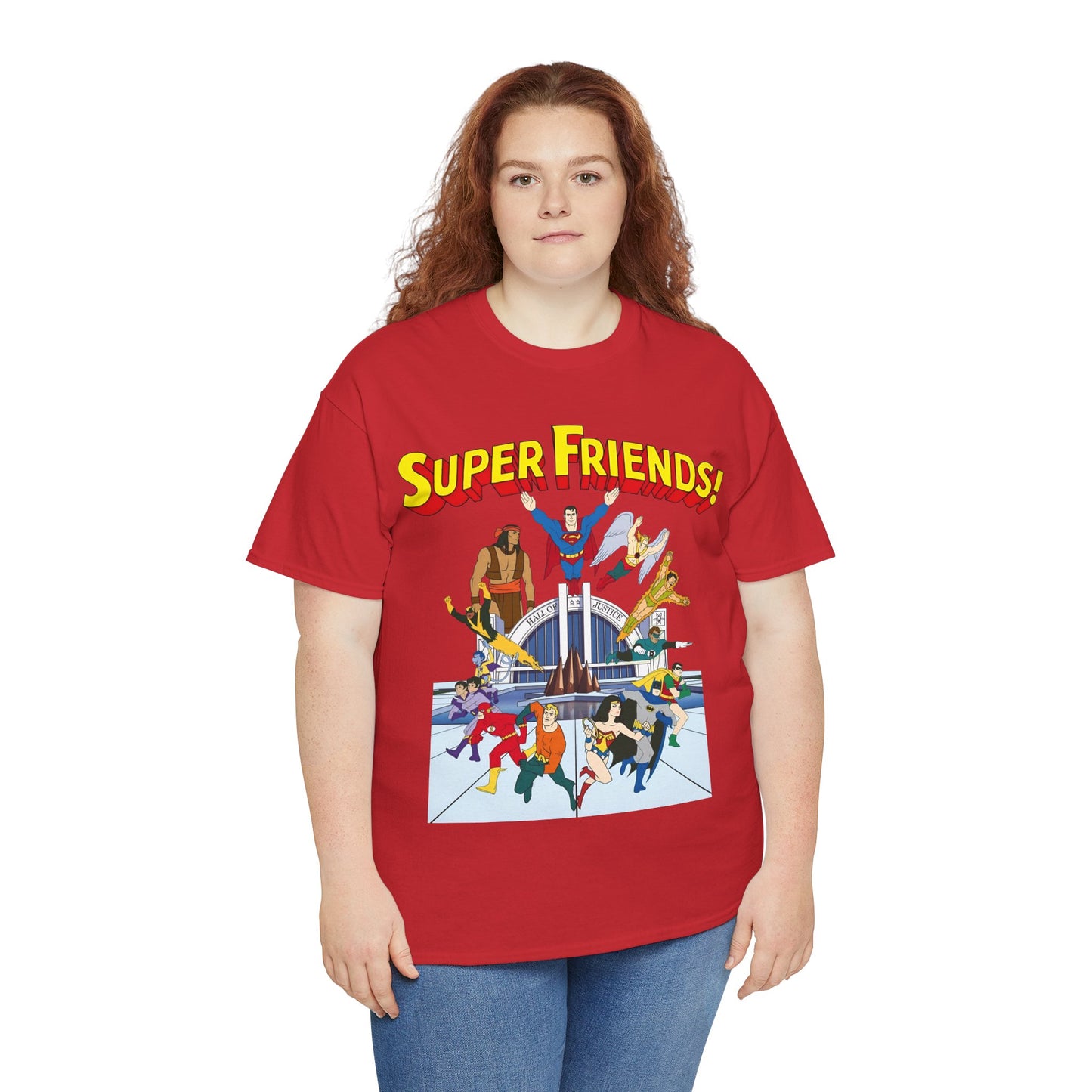 Super Friends T-Shirt - DC Hanna-Barbera - Superman, Wonder Woman, Black Vulcan, Batman, The Wonder Twins, Apache Chief, Hall of Justice