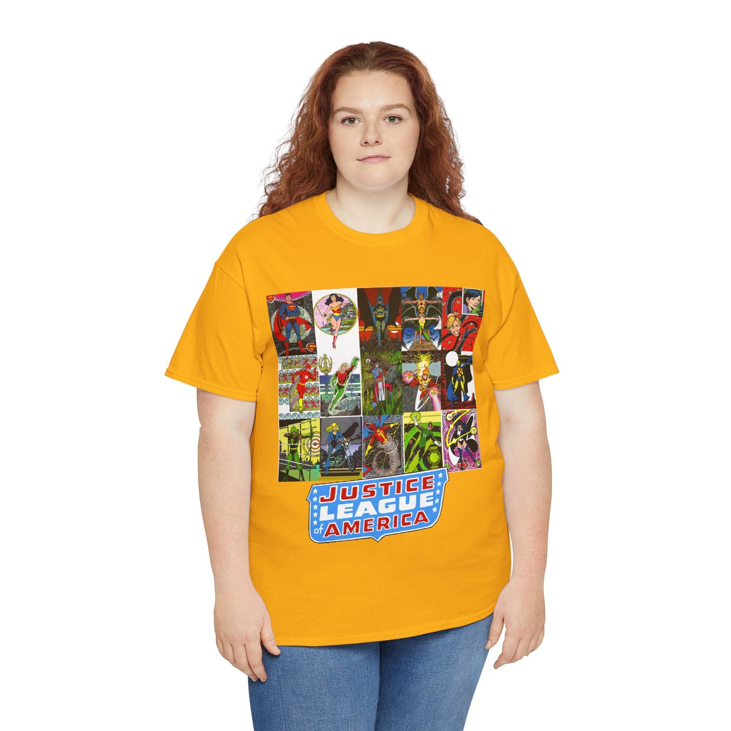 JLA Postcard T-Shirt - George Perez Art - Zatanna, Green Lantern, Flash, Batman, Hawkman, Wonder Woman, Firestorm - Justice League of America - DC Comics