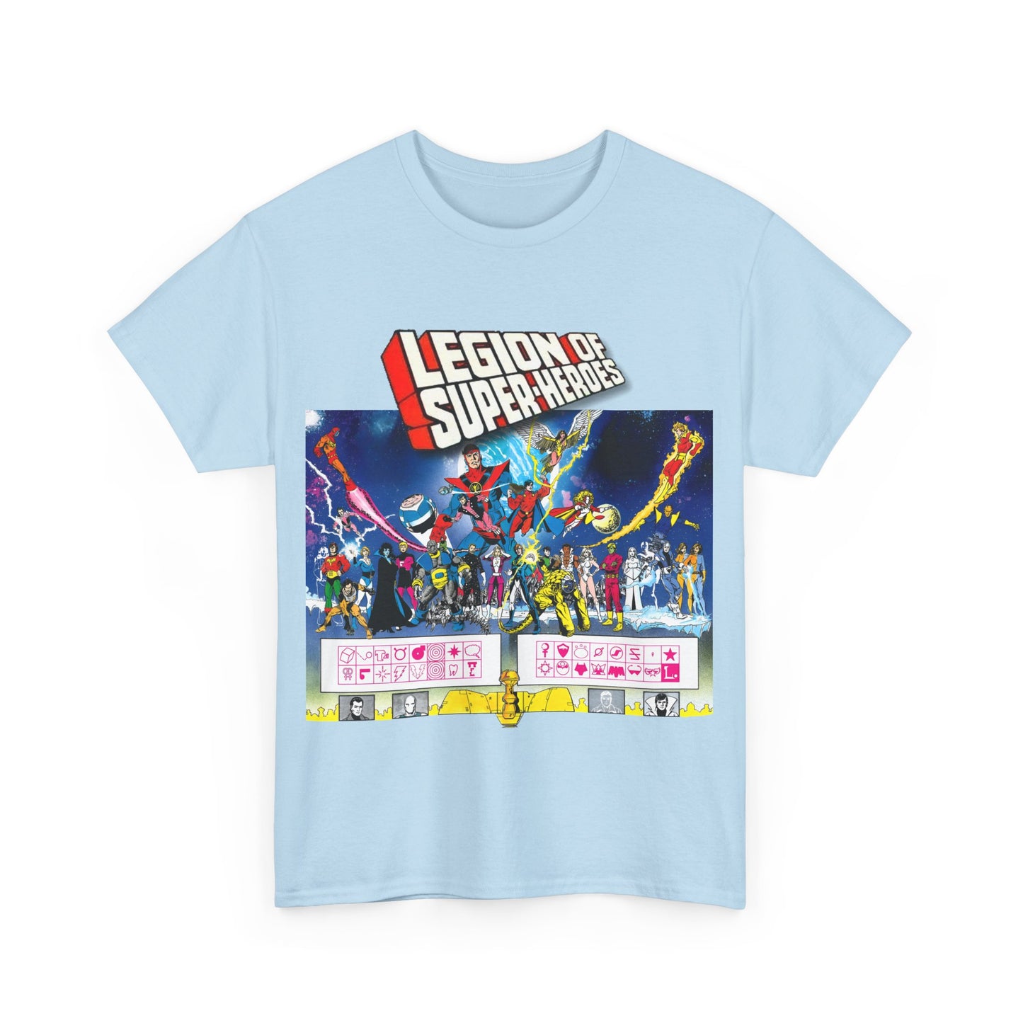 Legion of Super-Heroes T-Shirt - Gorgeous George Perez Art - History of the DC Universe - Lightning Lad, Timber Wolf, Wildfire, Sun Boy, Chamelon Boy - DC Comics