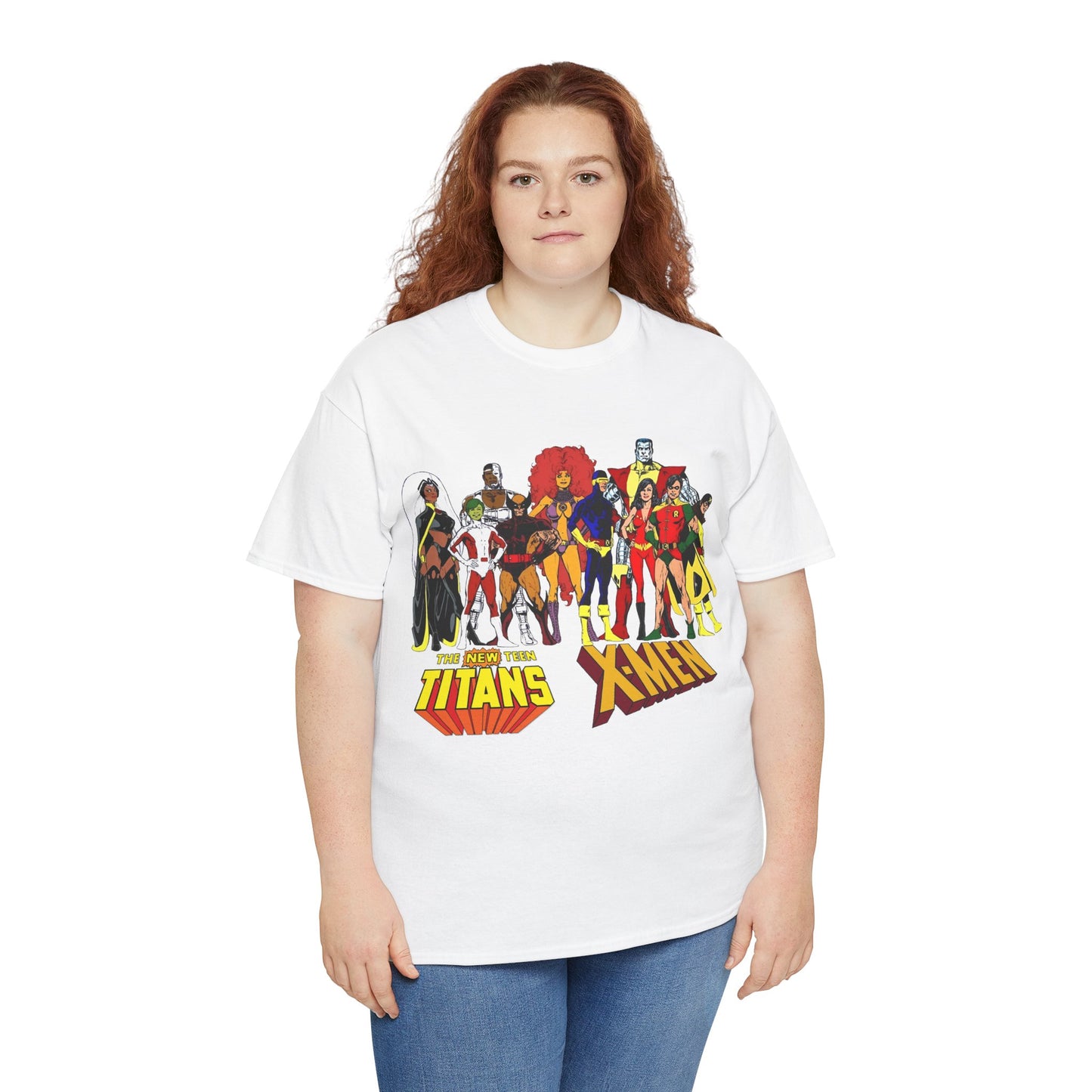Uncanny X-Men & New Teen Titans T-Shirt - Wolverine, Cyclops, Storm, Wonder Girl, Robin, Cyborg, Raven - Phil Jimenez Art - DC Comics/Marvel Comics Crossover