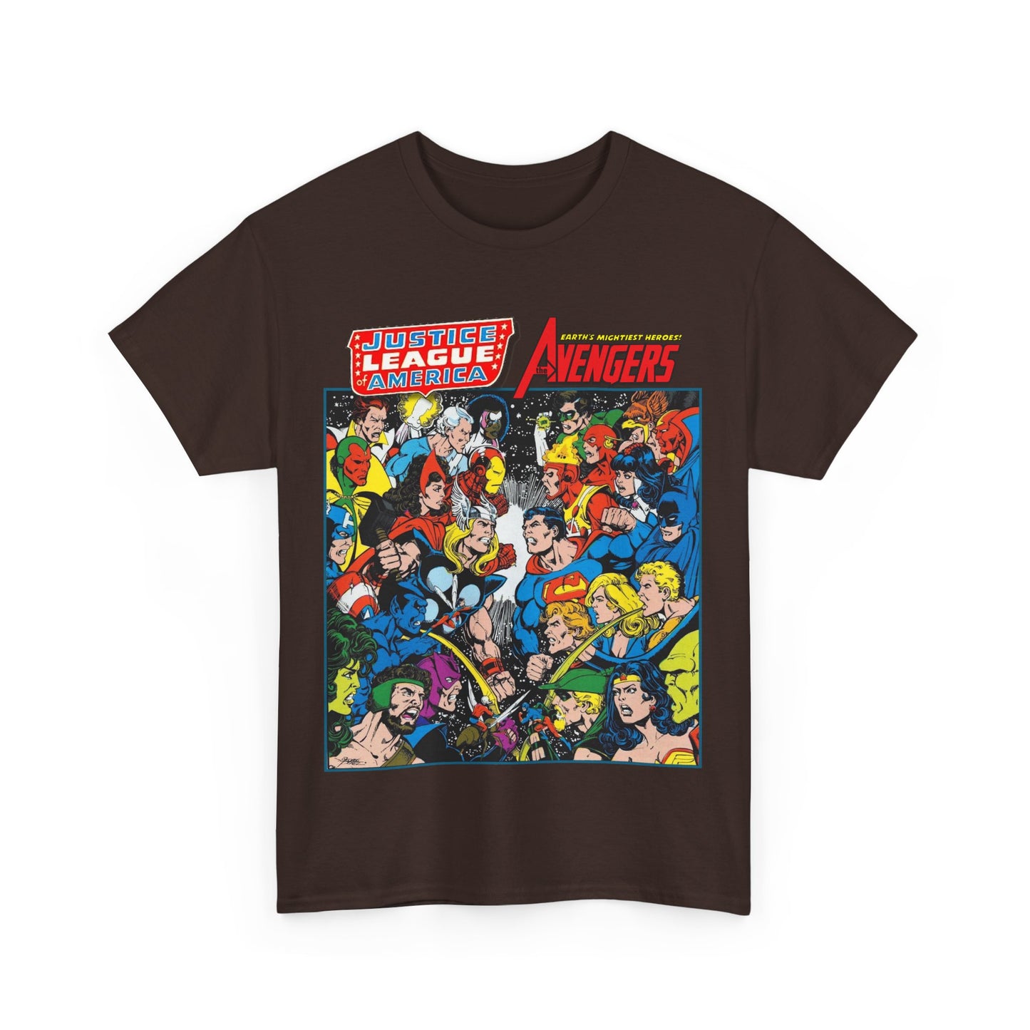 Justice League/Avengers T-Shirt - DC & Marvel Comics Art - George Perez - JLA - Batman, Captain America, Iron Man, Green Lantern