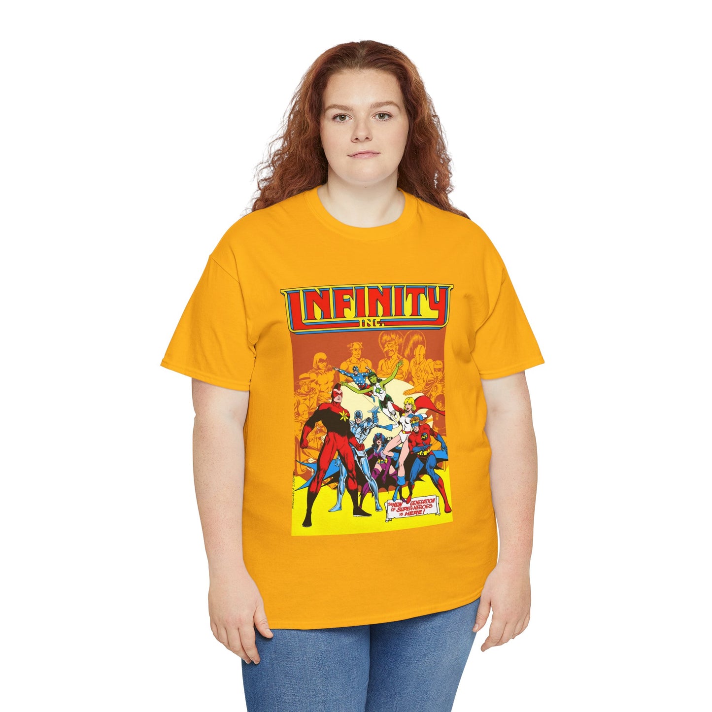 Infinity, Inc T-Shirt - Jerry Ordway Art - Silver Scarab, Huntress, Power Girl, Star-Spangled Kid, Fury, Jade - DC Comics - 1980s JSA Spin-Off Series