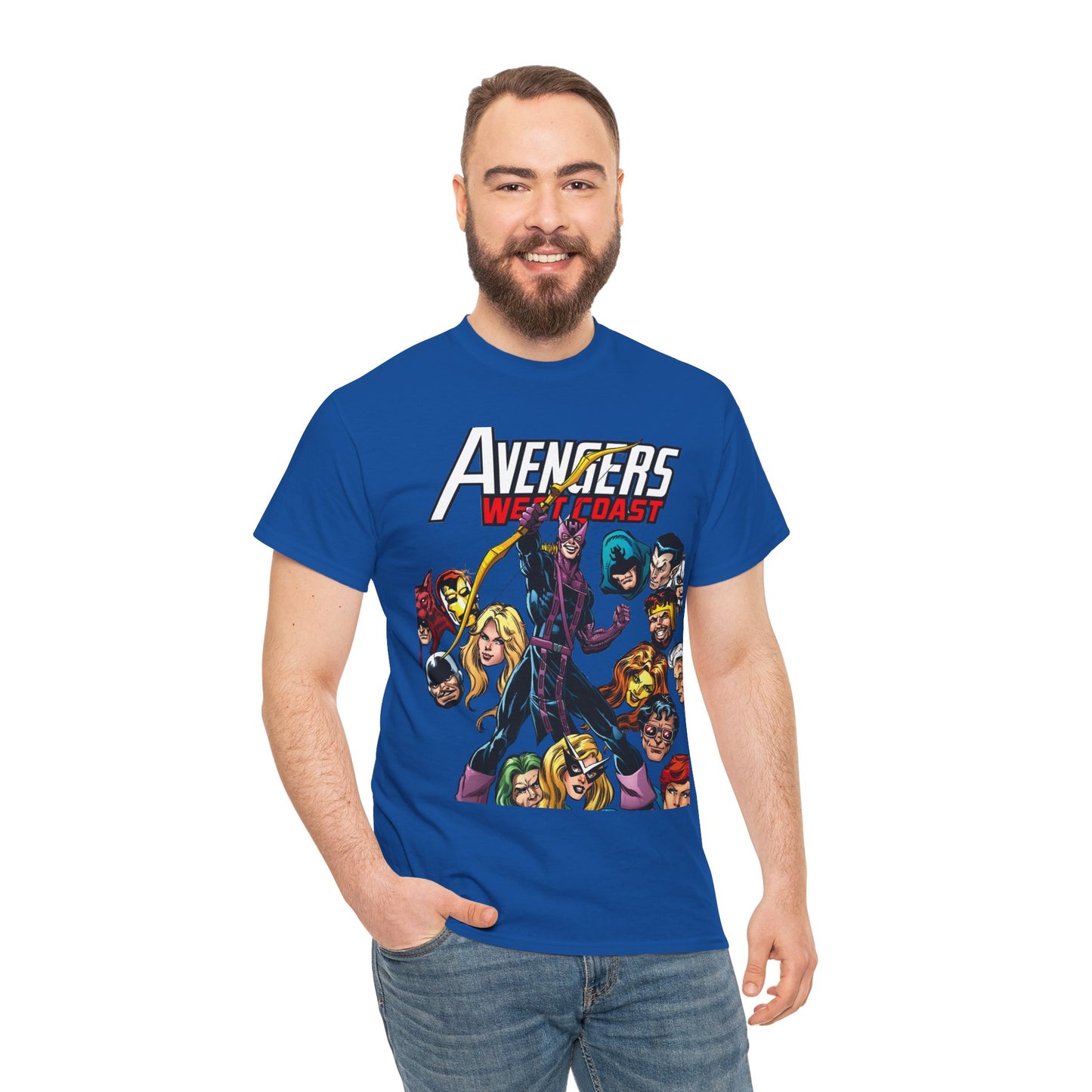 Avengers West Coast T-Shirt - Bob Hall Art - Hawkeye, Iron Man, Wonder Man, Tigra, Mockingbird - Marvel Comics Team