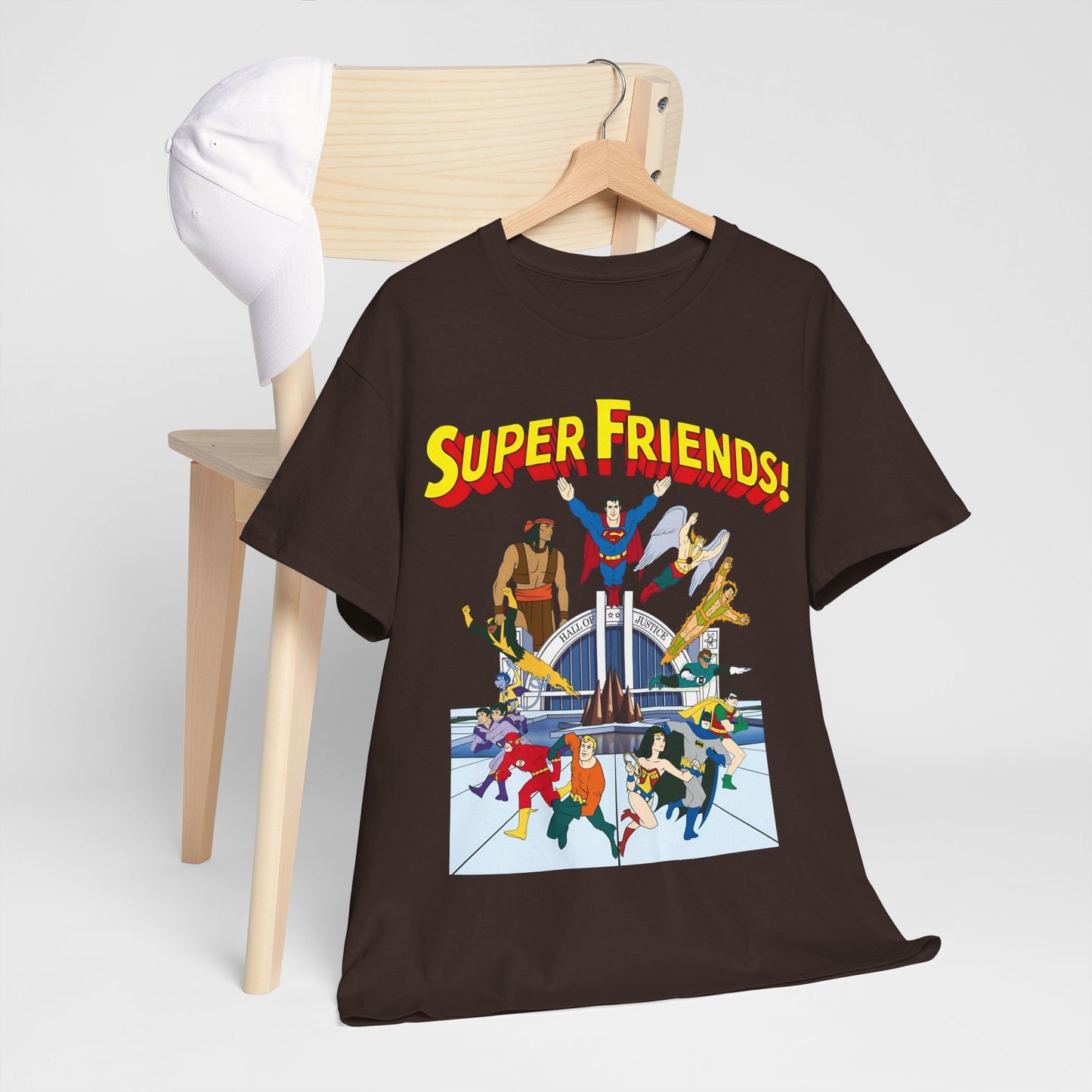Super Friends T-Shirt - DC Hanna-Barbera - Superman, Wonder Woman, Black Vulcan, Batman, The Wonder Twins, Apache Chief, Hall of Justice