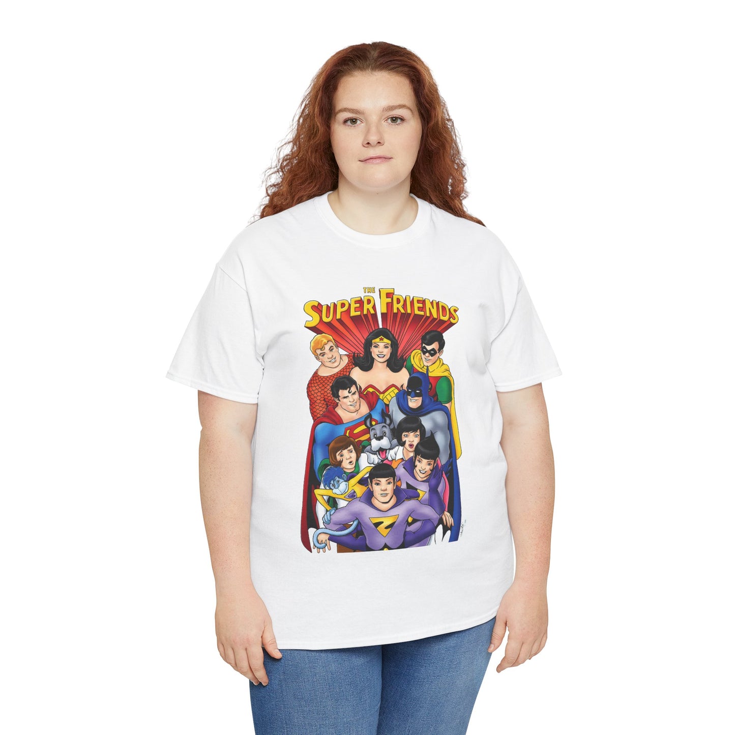 Super Friends T-Shirt - Kevin Maguire Art - Wonder Twins, Gleek, Superman, Wonder Woman Batman - DC Comics - Based on 1970s Hanna-Barbera Cartoon
