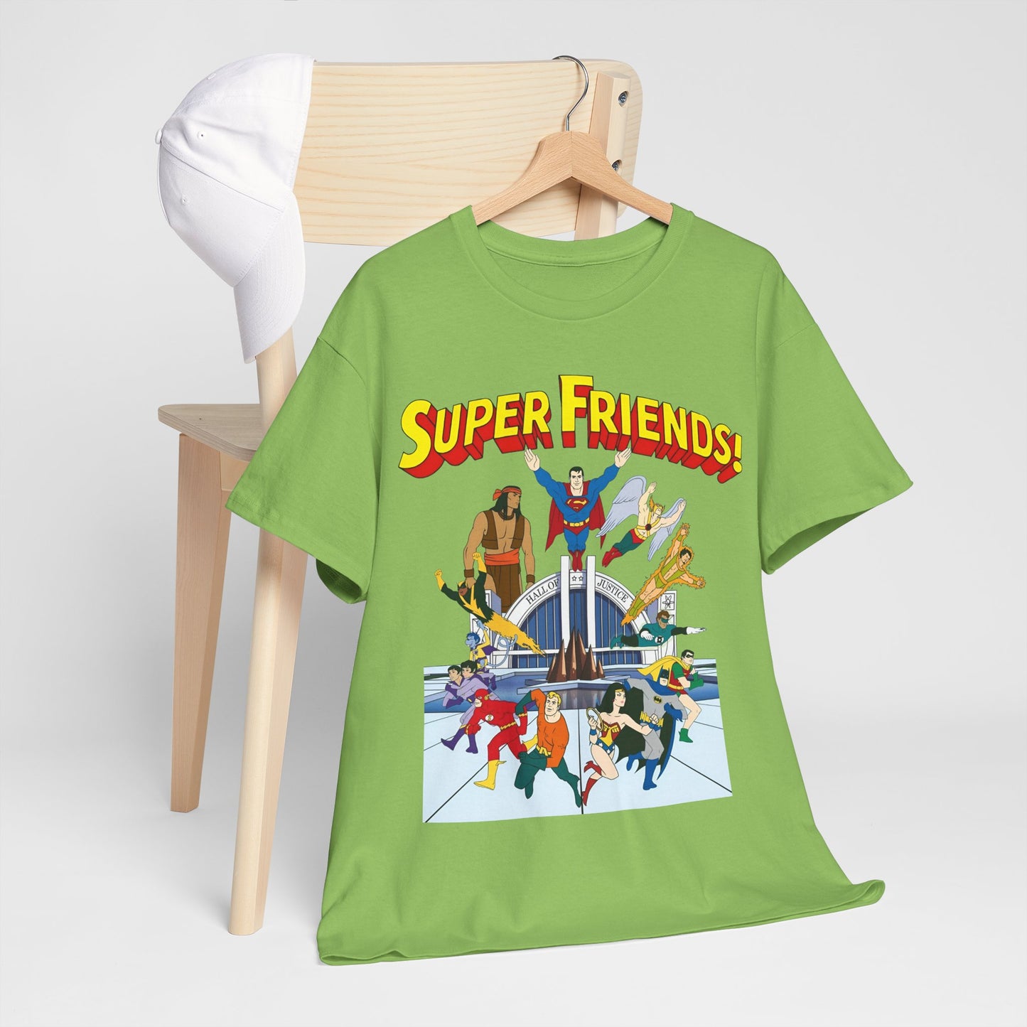 Super Friends T-Shirt - DC Hanna-Barbera - Superman, Wonder Woman, Black Vulcan, Batman, The Wonder Twins, Apache Chief, Hall of Justice