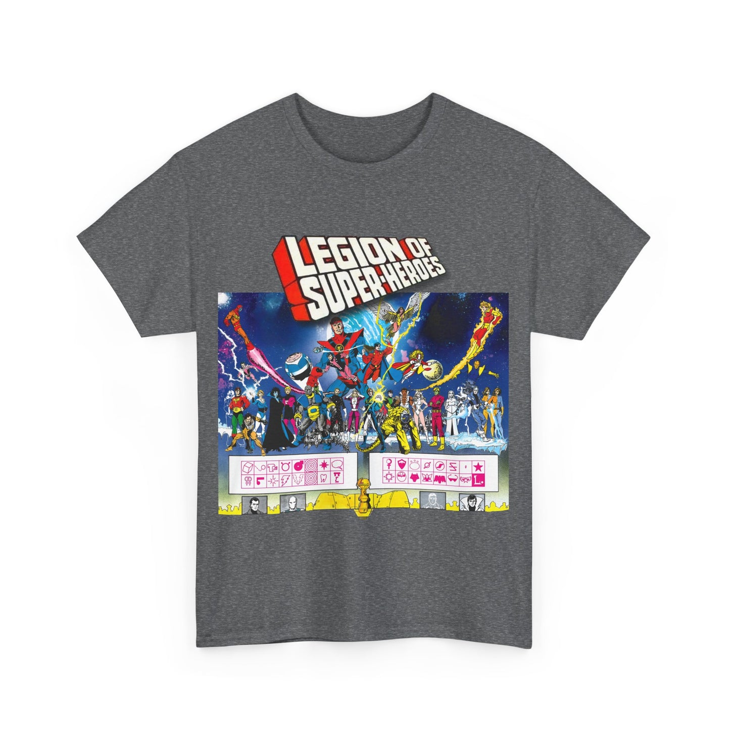 Legion of Super-Heroes T-Shirt - Gorgeous George Perez Art - History of the DC Universe - Lightning Lad, Timber Wolf, Wildfire, Sun Boy, Chamelon Boy - DC Comics