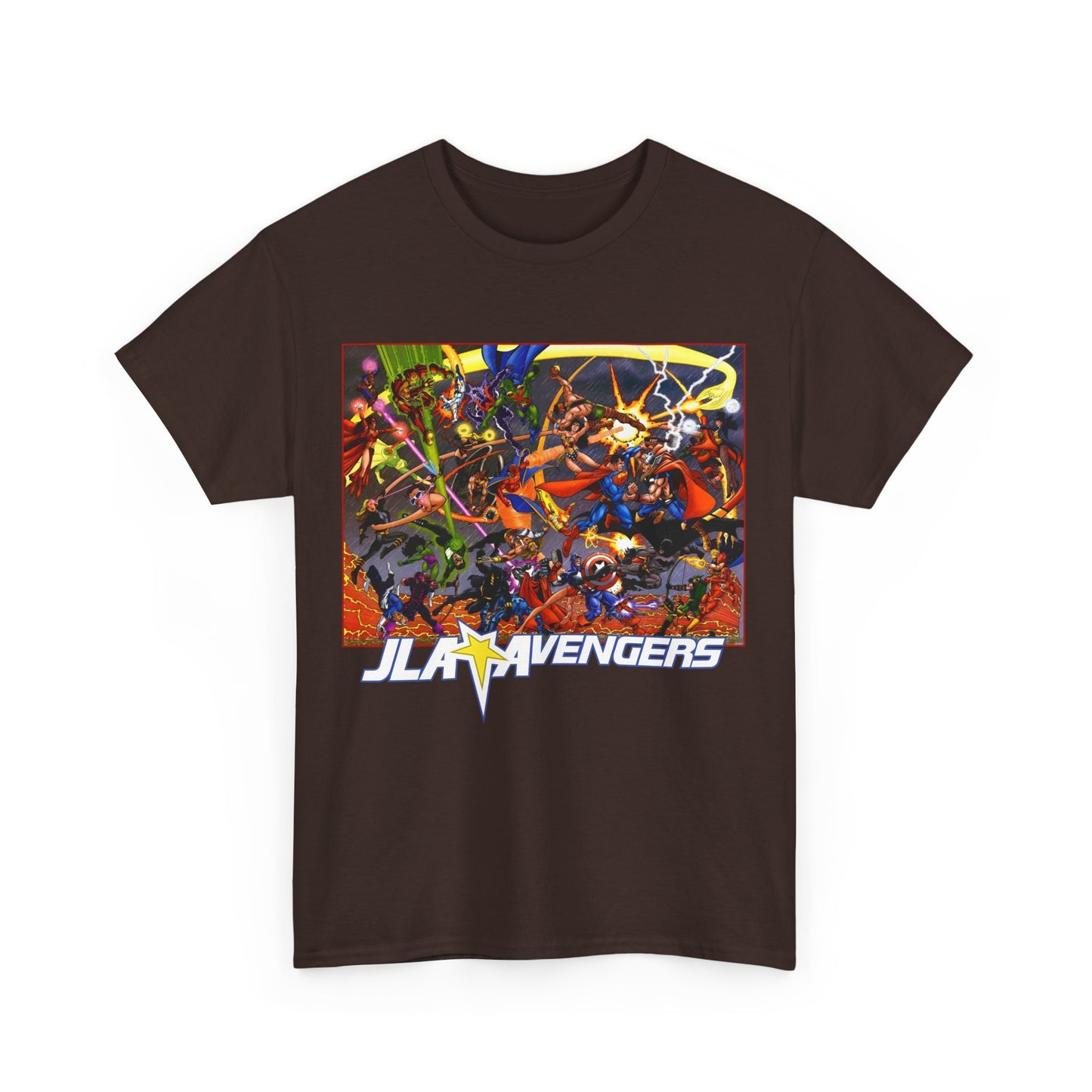 Avengers Vs JLA T-Shirt - Stunning George Perez Art - Marvel & DC Comics Crossover - Thor, Superman, Wonder Woman, Hercules, Iron Man, Batman, Black Canary, Scarlet Witch, Wonder Man, Martian Manhunter
