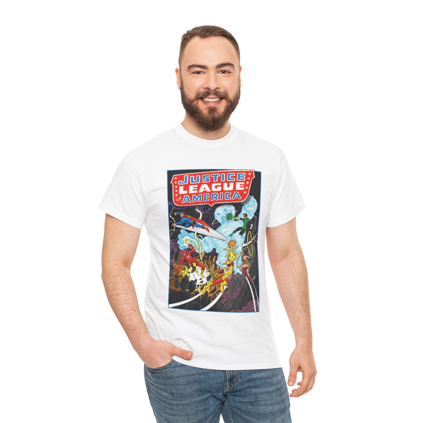 Justice League T-Shirt - George Perez Art - Tornado Tyrant - Superman, Firestorm, Flash, Wonder Woman, Green Lantern - DC Comics