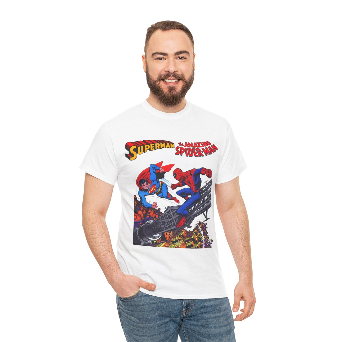 Superman & Amazing Spider-Man T-Shirt - DC/Marvel Comics Crossover - 1970s - Clark Kent & Peter Parker