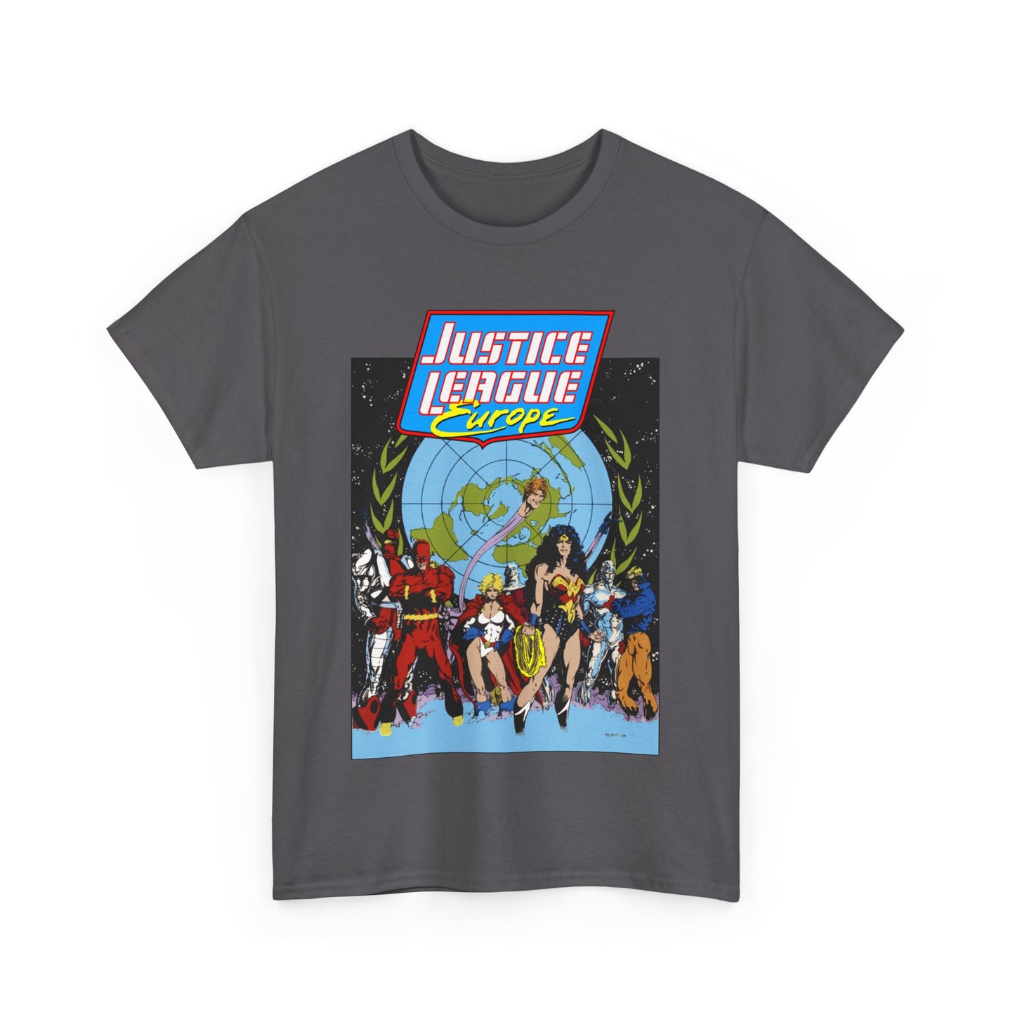 Justice League Europe T-Shirt - Bart Sears Art - Wonder Woman, Flash, Captain Atom, Animal Man, Elongated Man, Power Girl, Metamorpho - JLI Spin-Off - DC Comics