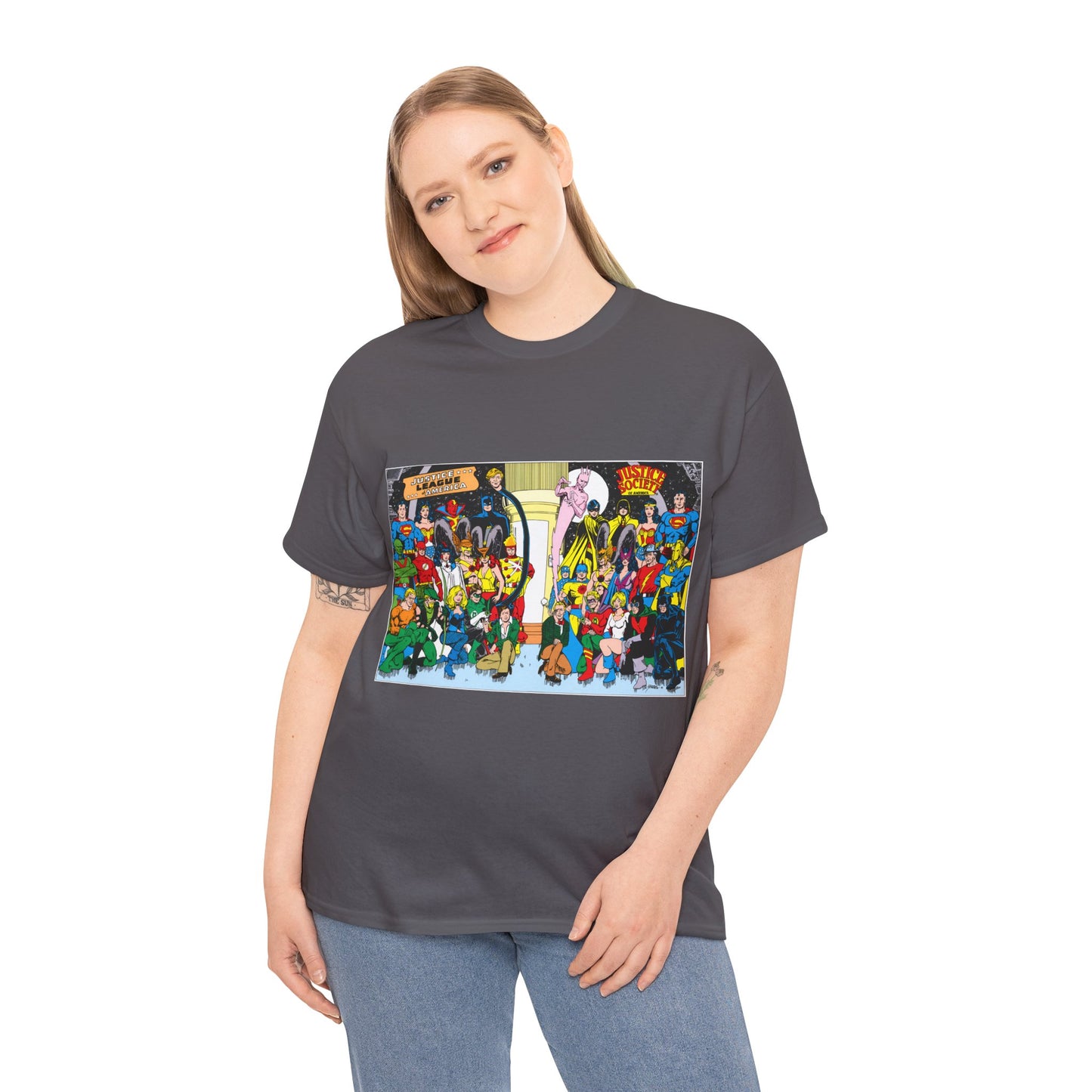 JLA & JSA T-Shirt - George Perez Art - Justice League, Society Team-up - Batman, Wildcat, Dr Fate, Hourman, Firestorm, Superman