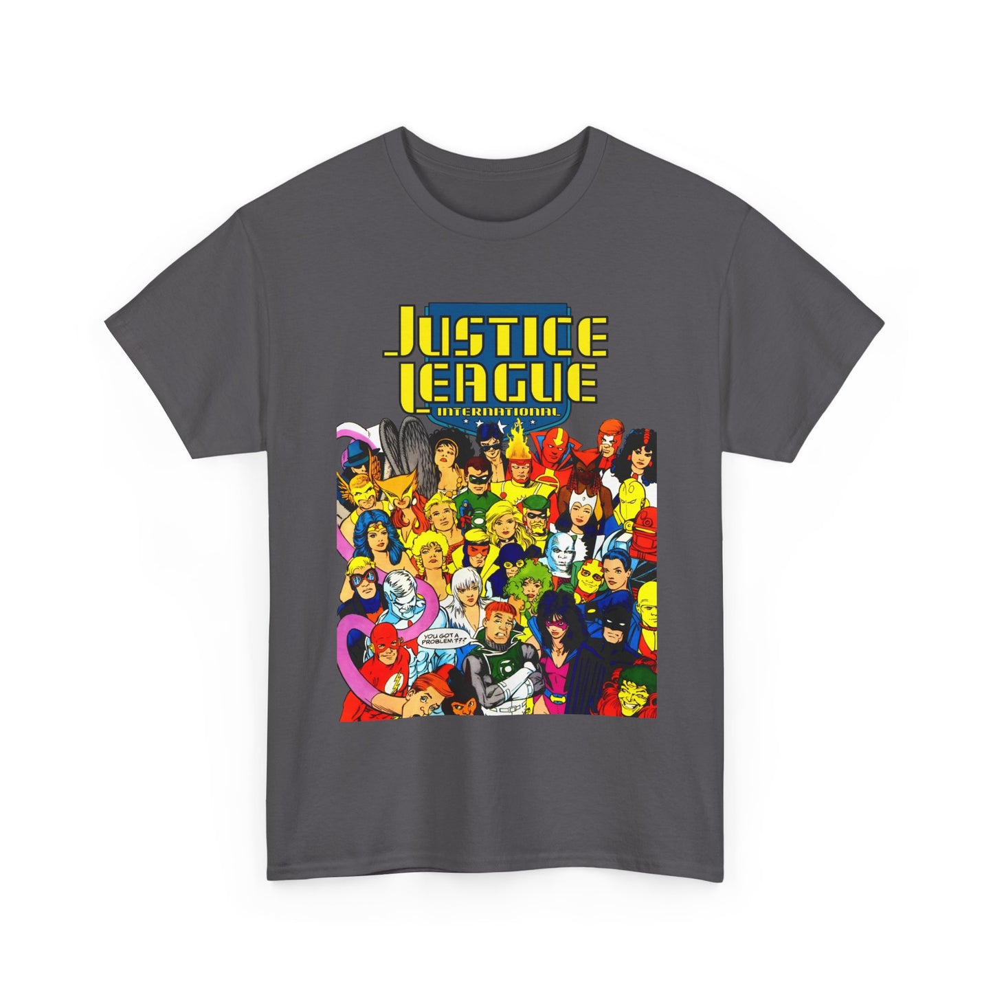 Justice League International T-Shirt - Kevin Maguire DC Comics Sourcebook Art - Booster Gold, Blue Beetle, Batman, Martian Manhunter, Captain Atom, Fire, Ice, Guy Gardner