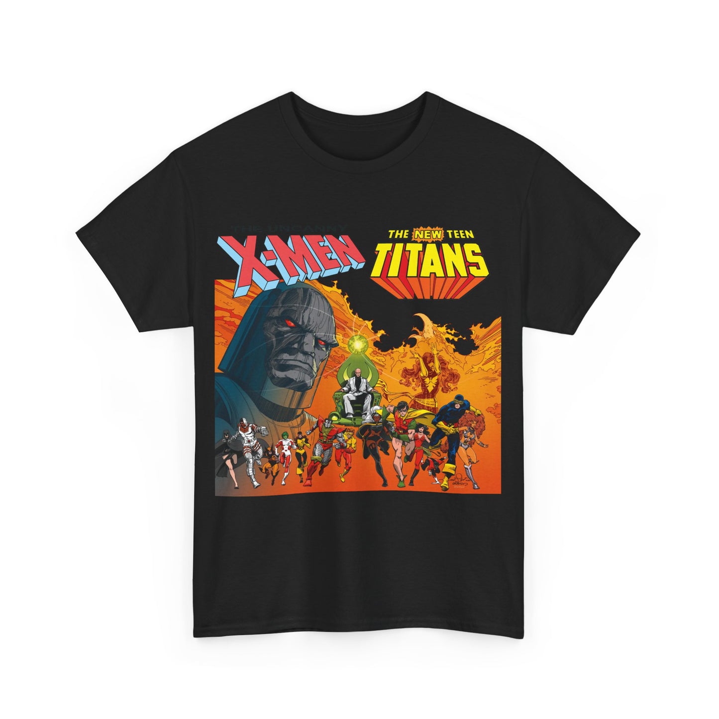 X-Men & New Teen Titans T-Shirt - Walt Simonson Art - Marvel & DC Comics Crossover - Wolverine, Raven, Storm, Cyclops, Robin, Cyborg, Colossus, Dark Phoenix, Darkseid