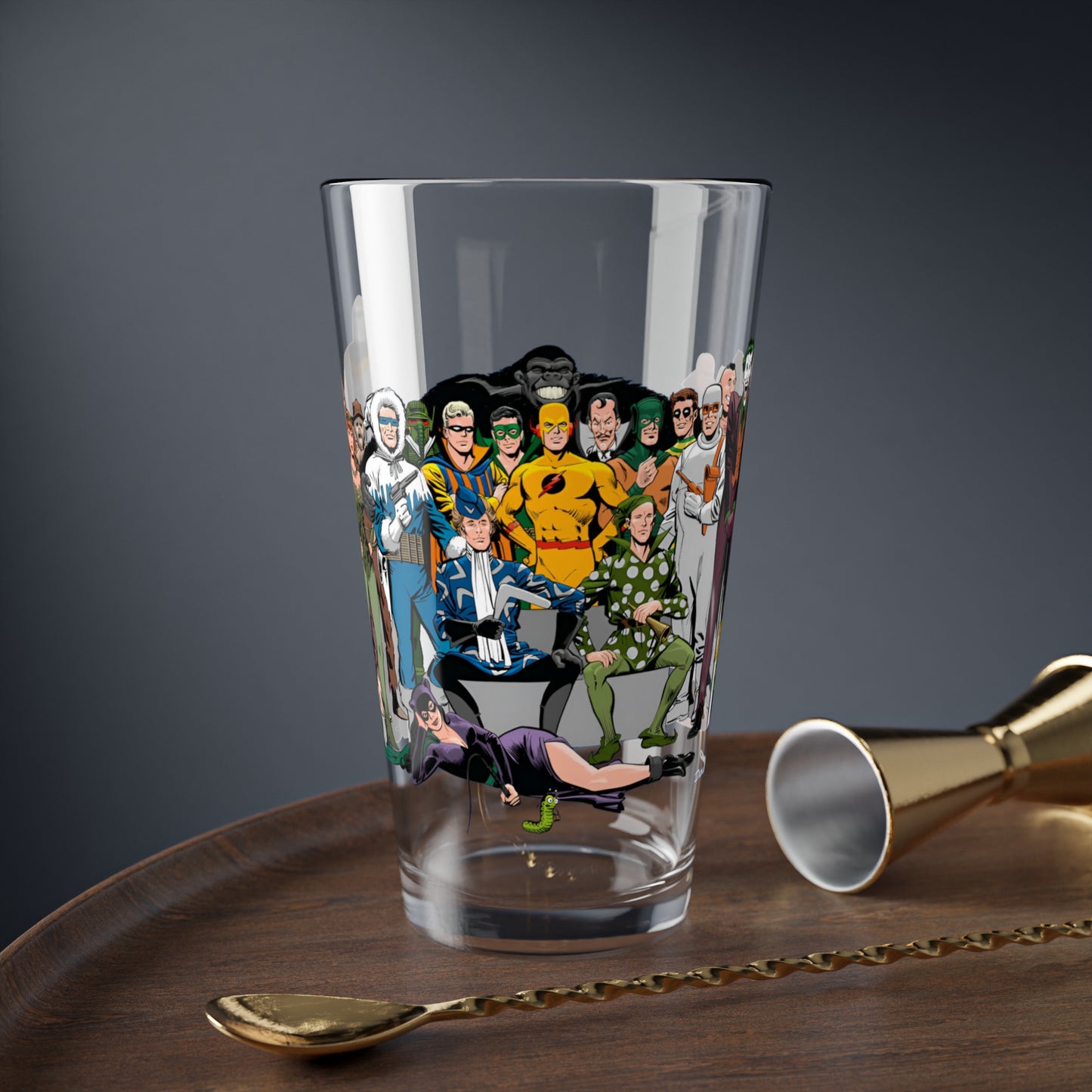 Secret Origins of Super-Villains Pint Glass, 16oz - DC Comics - Catwoman, Grodd, Lex Luthor, Joker, Mr Mxyzptlk, Mirror Master, Poison Ivy - Dick Giordano Art