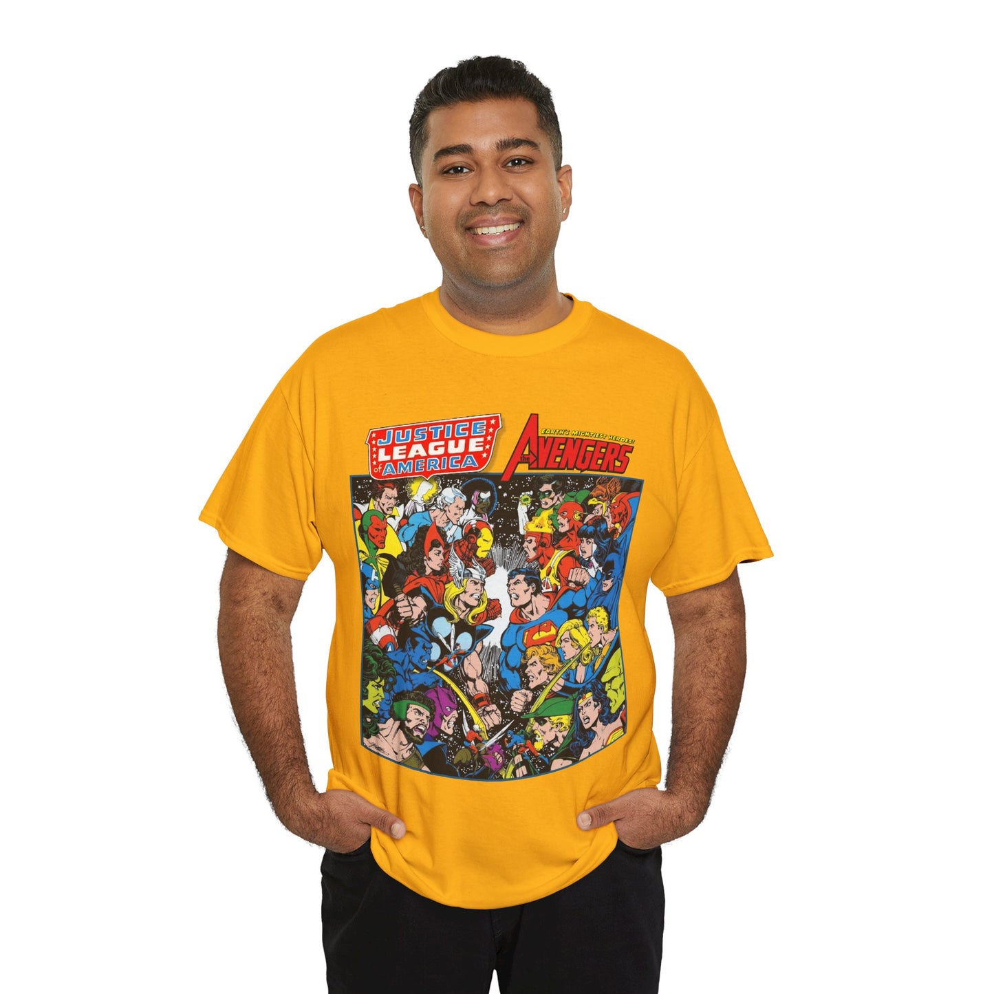 Justice League/Avengers T-Shirt - DC & Marvel Comics Art - George Perez - JLA - Batman, Captain America, Iron Man, Green Lantern