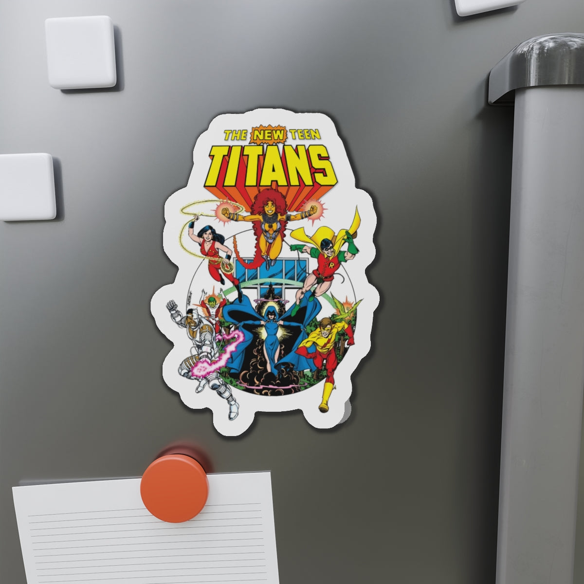 New Teen Titans Die-Cut Magnet - George Perez Art - Robin, Wonder Girl, Cyborg, Starfire, Raven, Changeling, Kid Flash - Titans Tower - DC Comics - 3", 4", 5", 6"