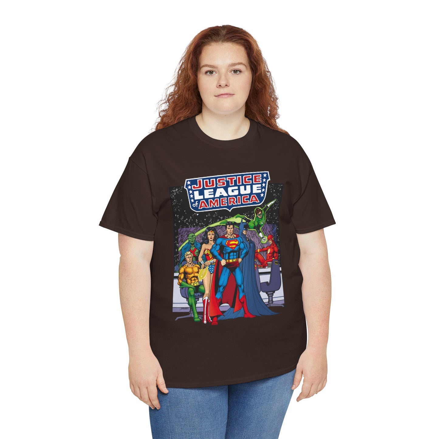 Justice League T-Shirt - George Perez Art - JLA Satellite Era - Superman, Wonder Woman, Green Lantern, Batman, Flash, Aquaman, Martian Manhunter - DC Comics