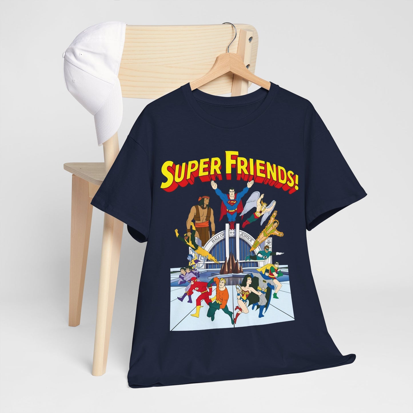 Super Friends T-Shirt - DC Hanna-Barbera - Superman, Wonder Woman, Black Vulcan, Batman, The Wonder Twins, Apache Chief, Hall of Justice