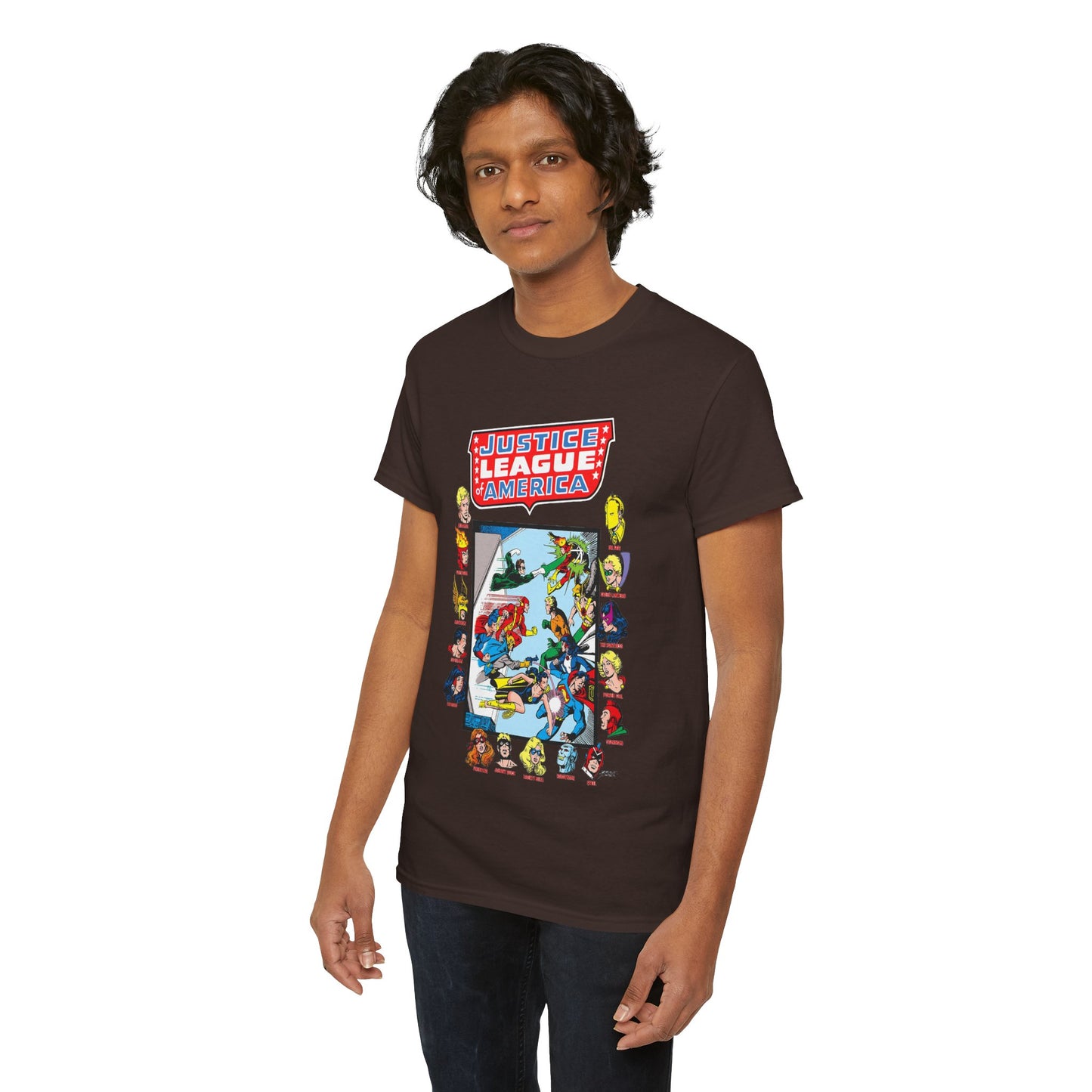 JLA & JSA T-Shirt - George Perez Art - All-Star Squadron - Firestorm, Huntress, Starman, Zatanna, Liberty Belle, Superman, Robotman, Firebrand, Dr Fate - DC Comics