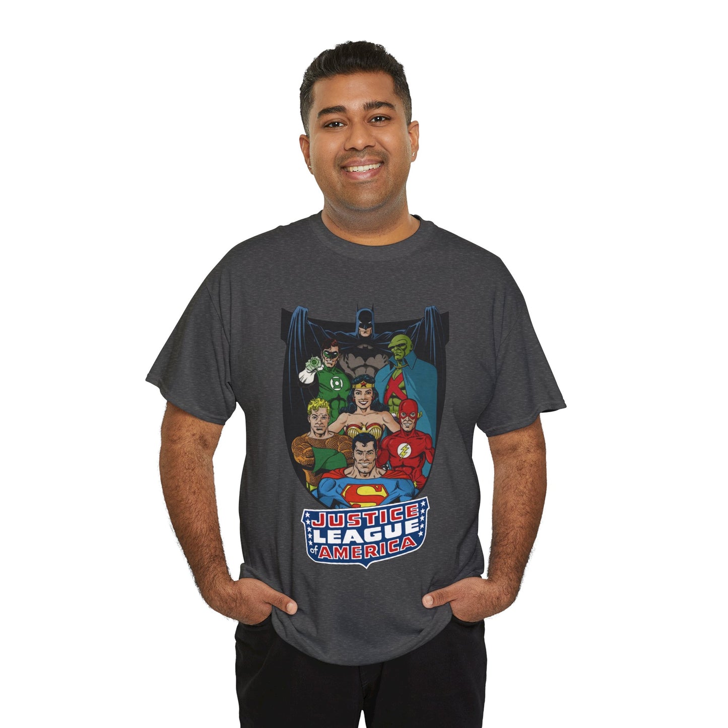 Justice League of America T-Shirt - George Perez Art - Superman, Wonder Woman, Batman, Aquaman, Martian Manhunter, Flash, Green Lantern - DC Comics