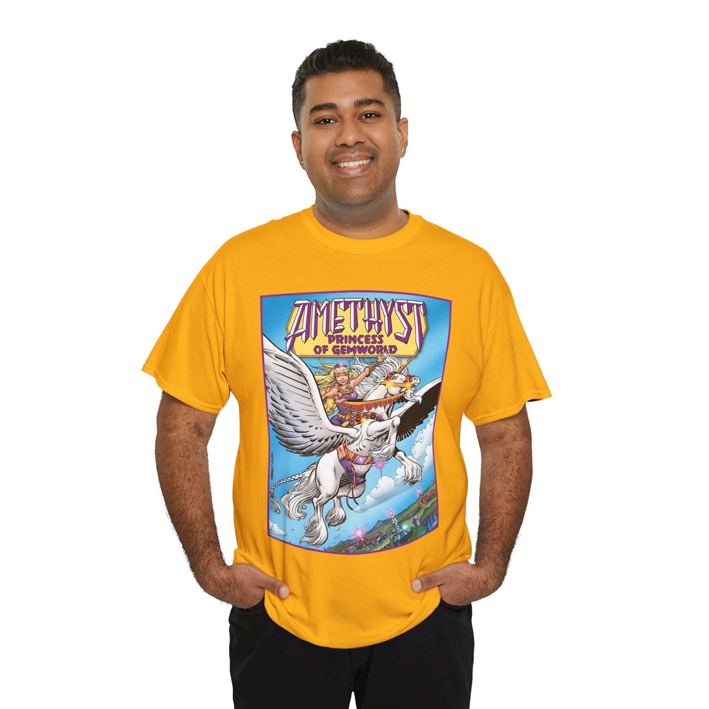Amethyst Princess of Gemworld T-Shirt - George Perez Art - DC Comics 1980s Series - Riding a Unicorn
