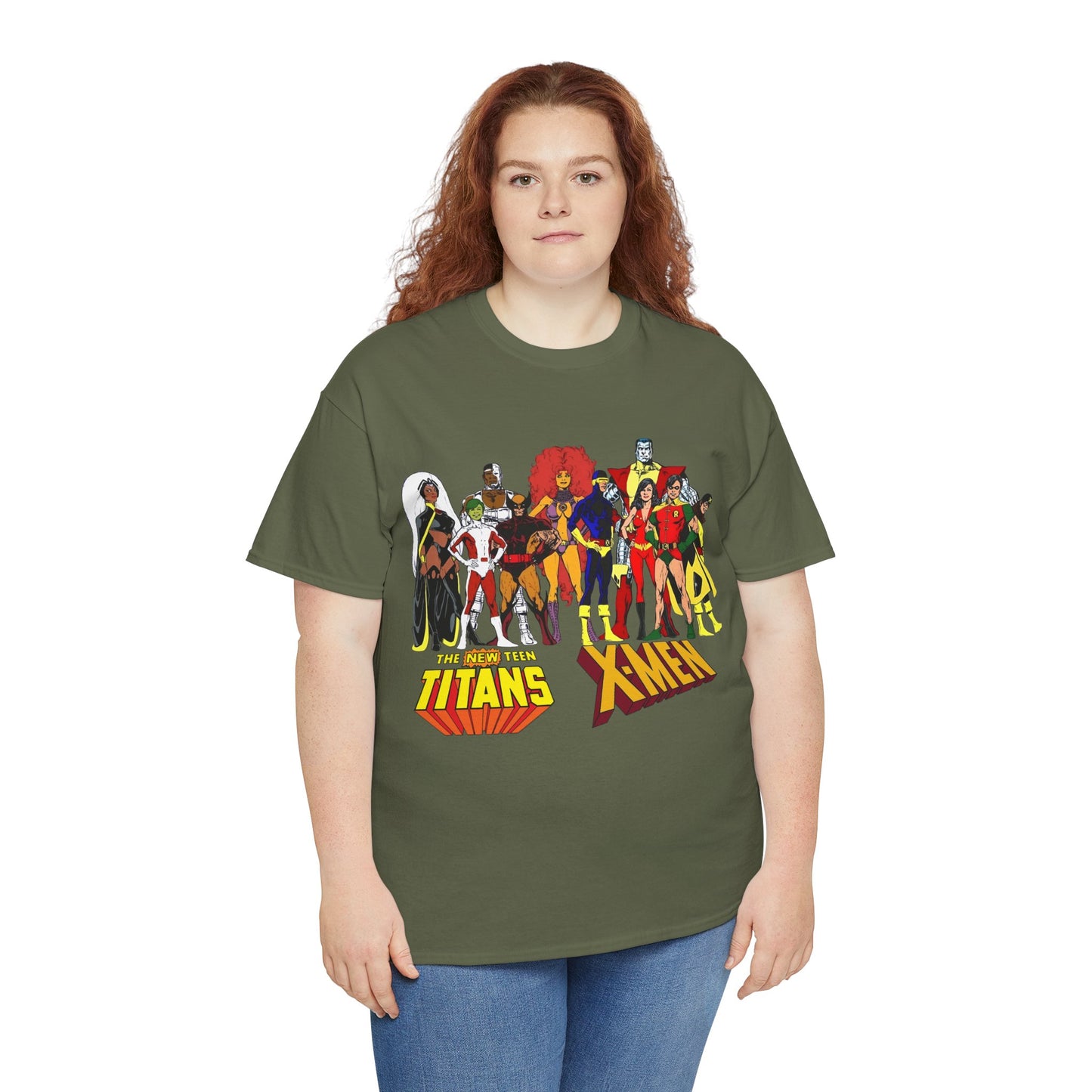 Uncanny X-Men & New Teen Titans T-Shirt - Wolverine, Cyclops, Storm, Wonder Girl, Robin, Cyborg, Raven - Phil Jimenez Art - DC Comics/Marvel Comics Crossover