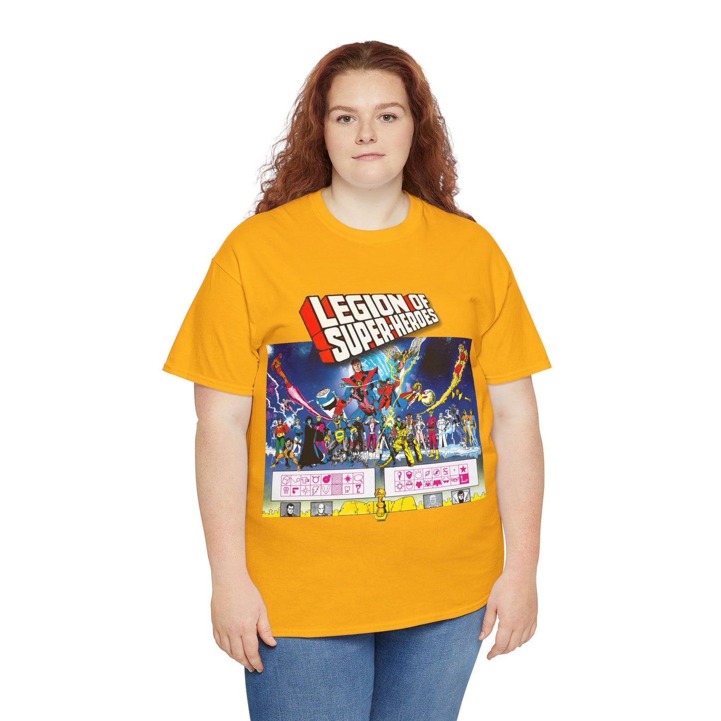 Legion of Super-Heroes T-Shirt - Gorgeous George Perez Art - History of the DC Universe - Lightning Lad, Timber Wolf, Wildfire, Sun Boy, Chamelon Boy - DC Comics