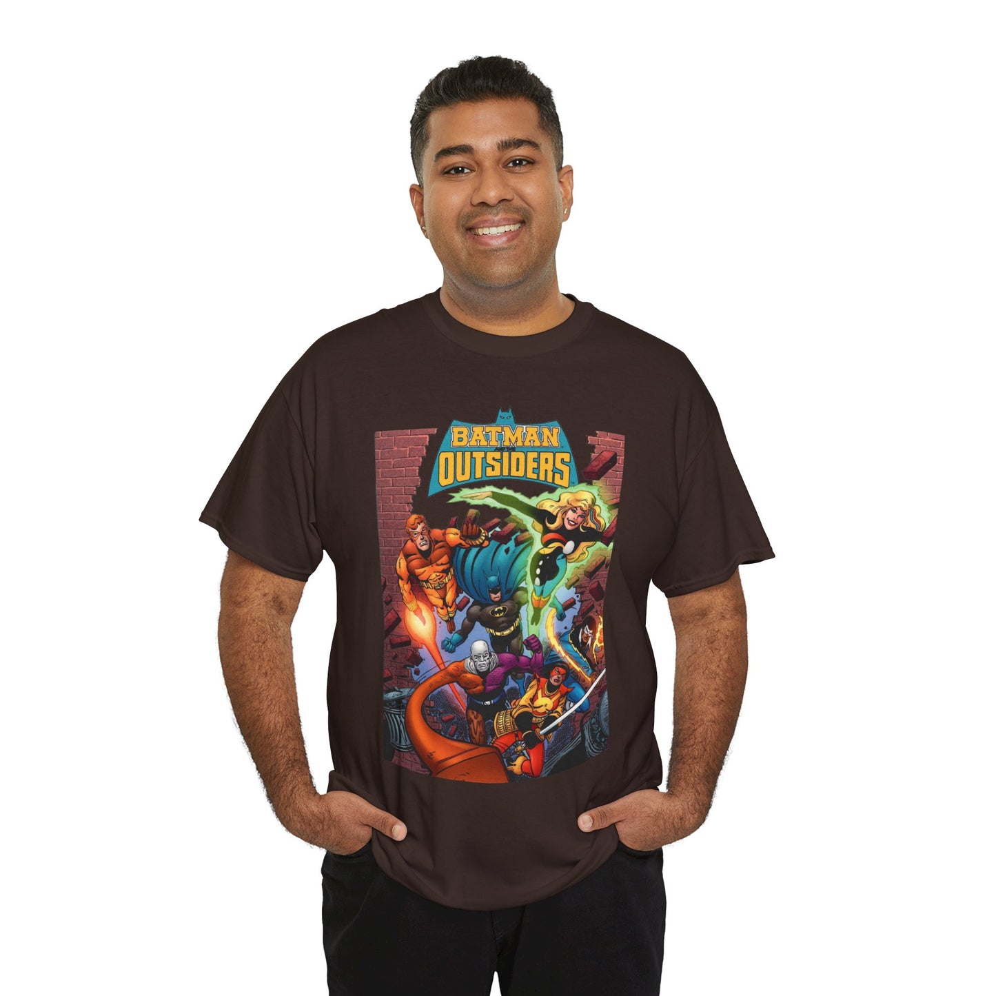 Batman & the Outsiders T-Shirt - Jim Aparo Art - Metamorpho, Katana, Halo, Black Lightning, Geo-Force - DC Comics